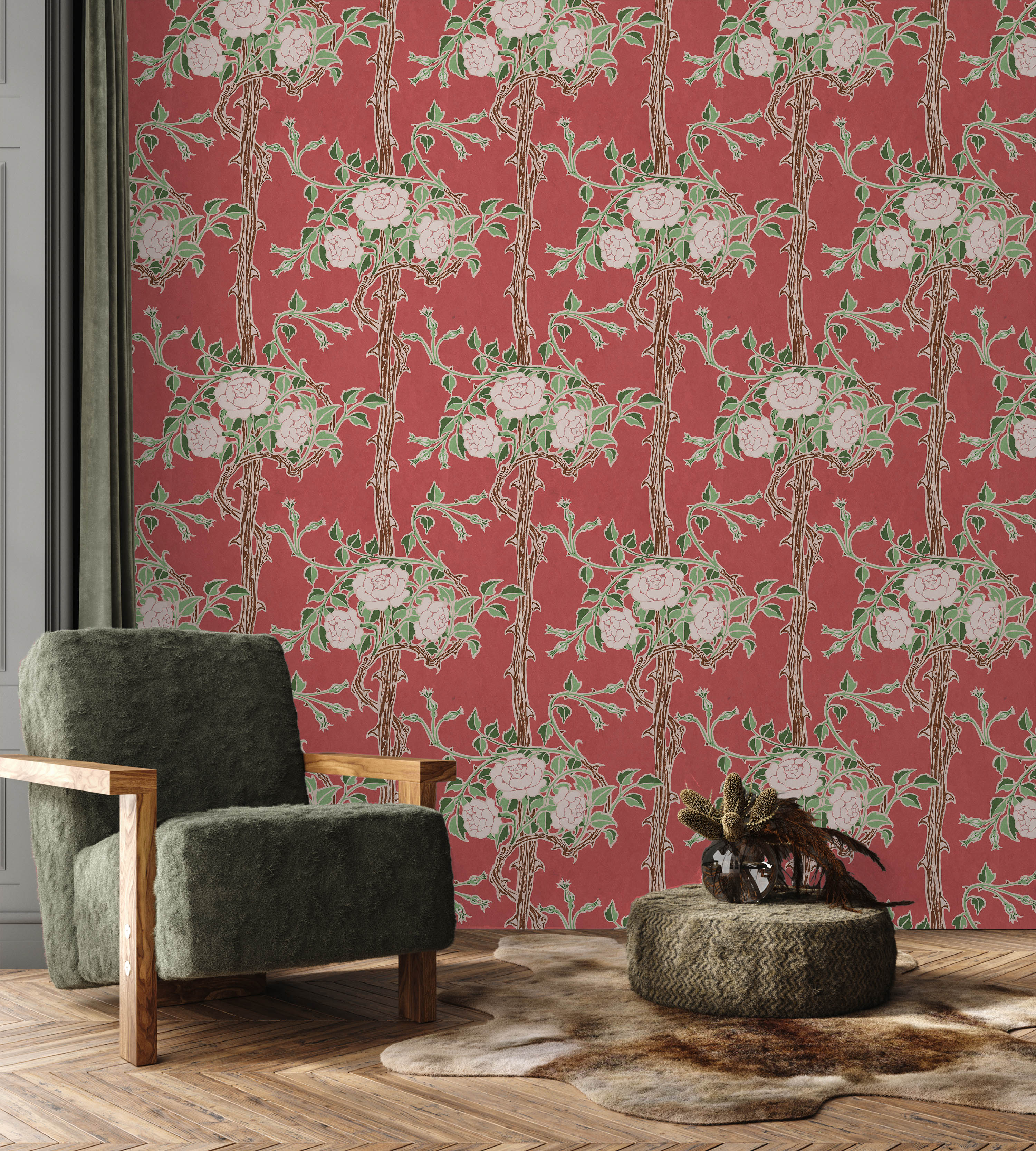 Walter Crane x Rose Bush Peel and Stick Wallpaper, Removable Wallpaper, Traditional Wallpaper - Ember Red | DeccoPrint