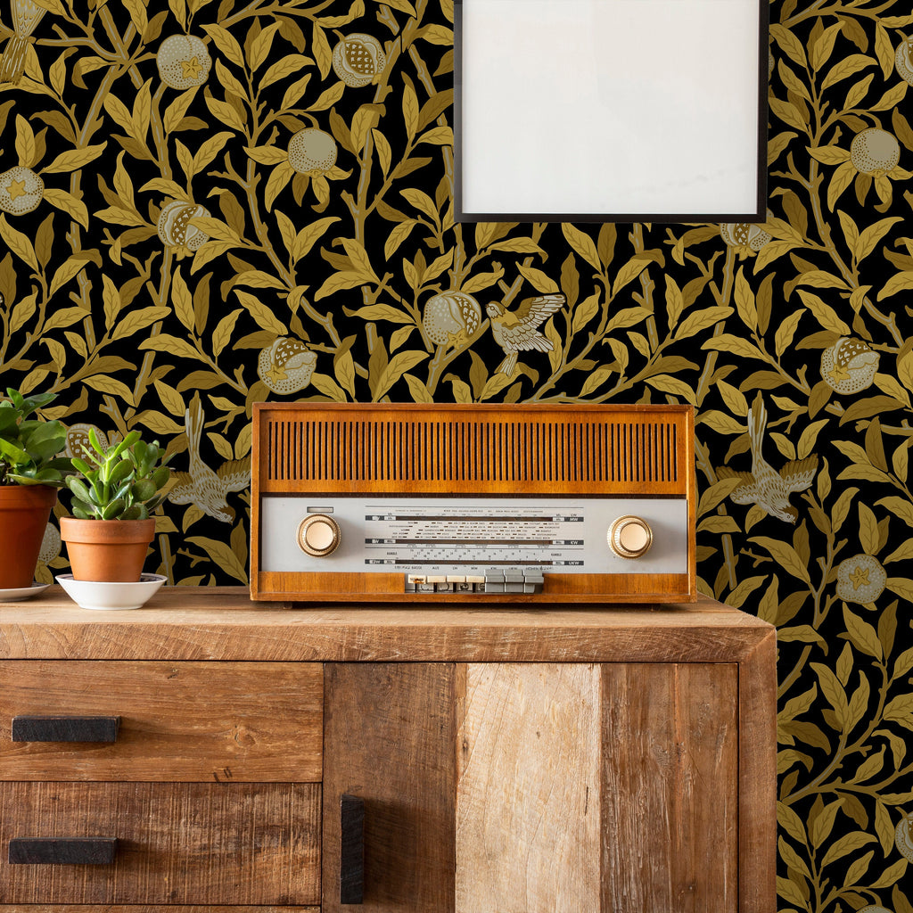 William Morris X Bird and Pomegranate Peel and Stick Wallpaper, Removable Wallpaper, Traditional Wallpaper - Gold | DeccoPrint