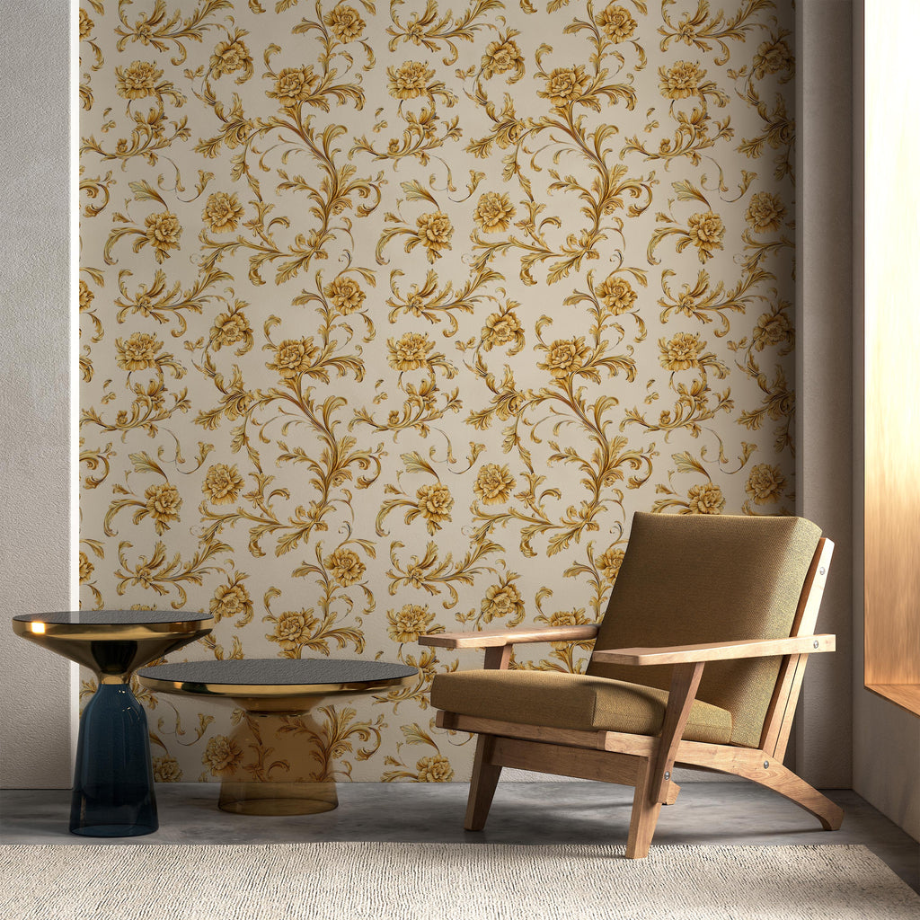 Baroque Floral Peel and Stick removable, Traditional Wallpaper - Cream | DeccoPrint