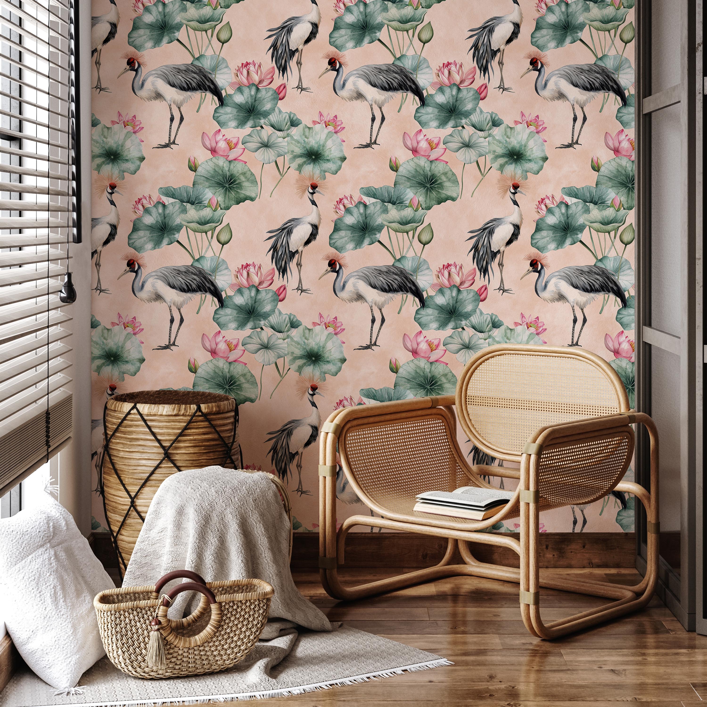 Crowned Cranes Peel and Stick Wallpaper, Removable Wallpaper, Traditional Wallpaper - Peach | DeccoPrint