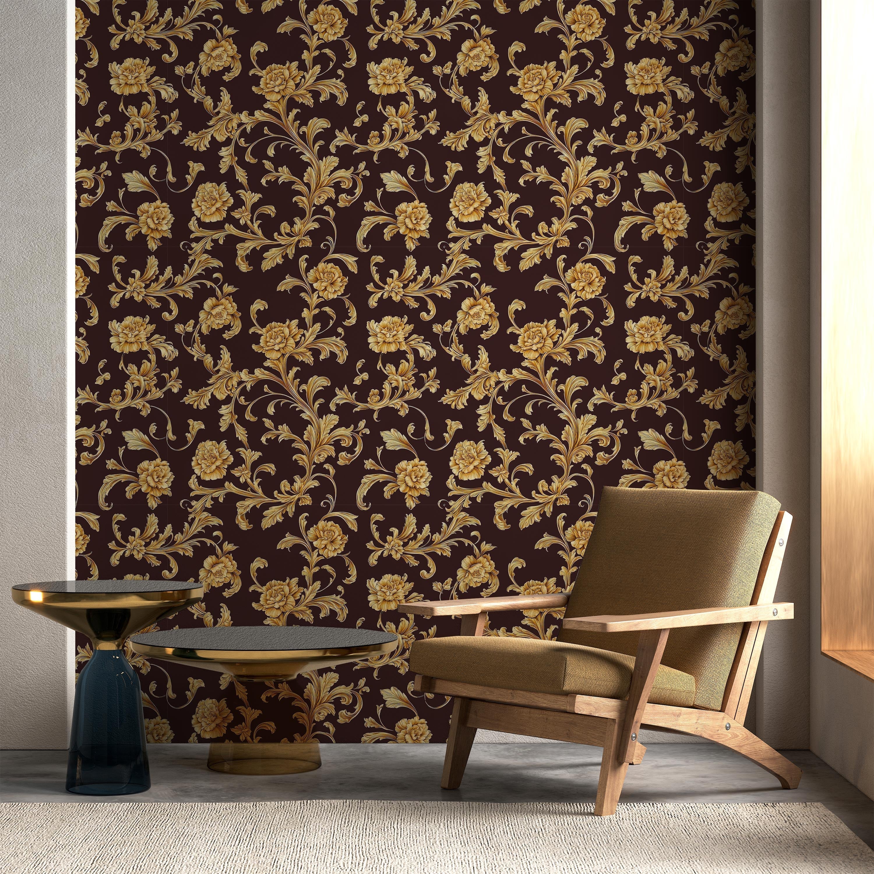 Baroque Floral Peel and Stick Wallpaper, Removable Wallpaper, Traditional Wallpaper - Burgundy Brown | DeccoPrint