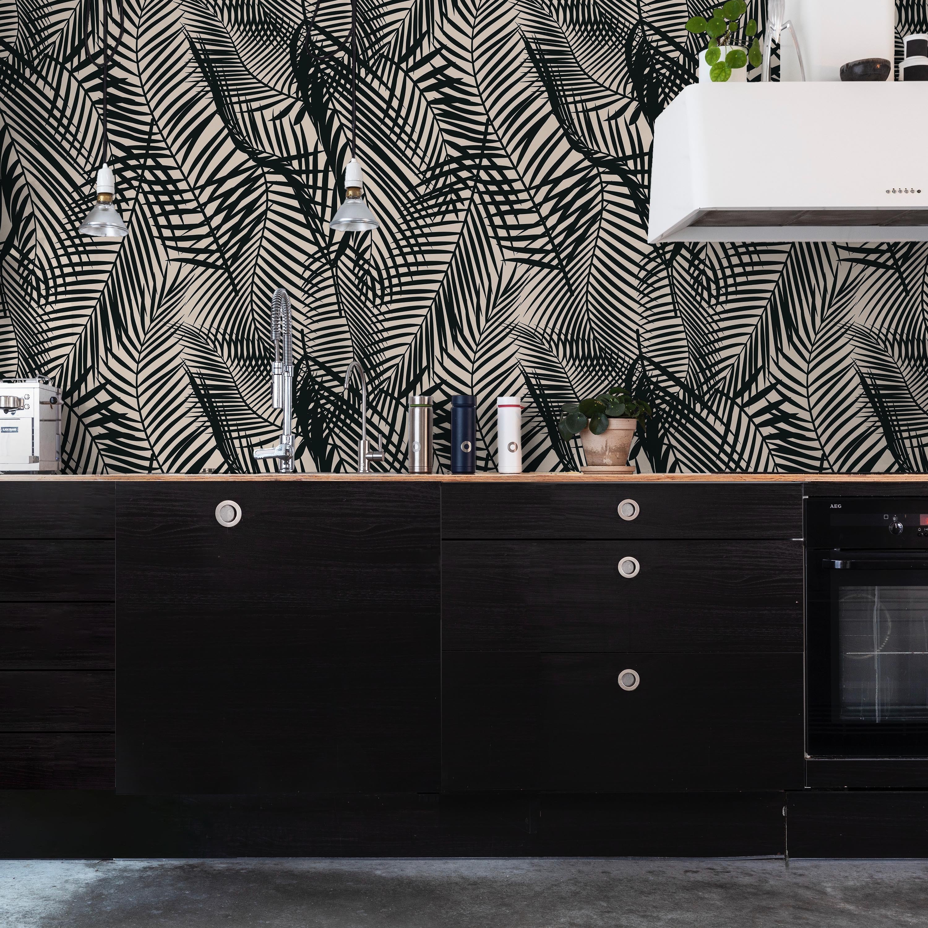 Palm Leaves Peel and Stick Wallpaper, Removable Wallpaper, Traditional Wallpaper - Black | DeccoPrint