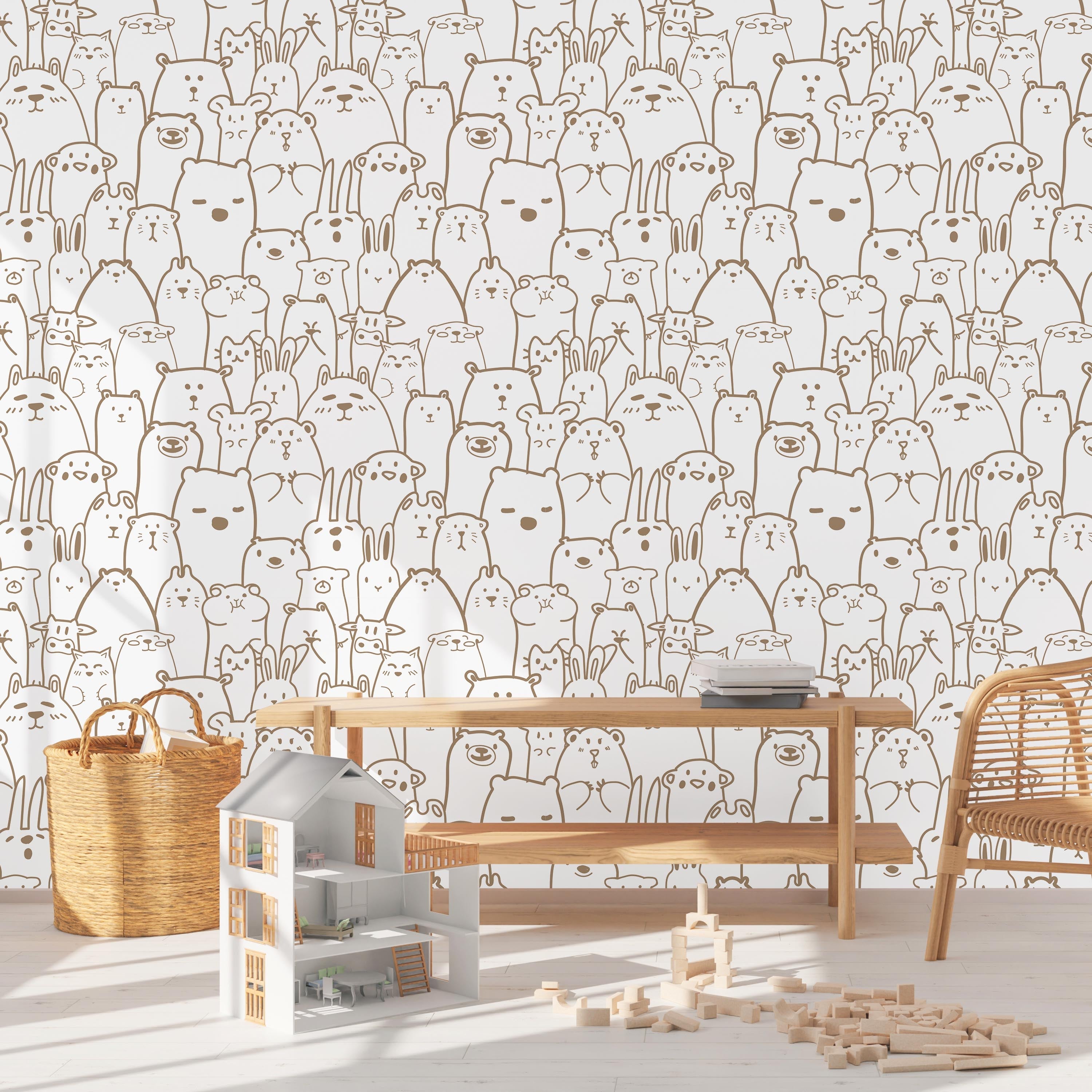 Animal Doodles Peel and Stick Wallpaper, Removable Wallpaper, Traditional Wallpaper - Brown | DeccoPrint