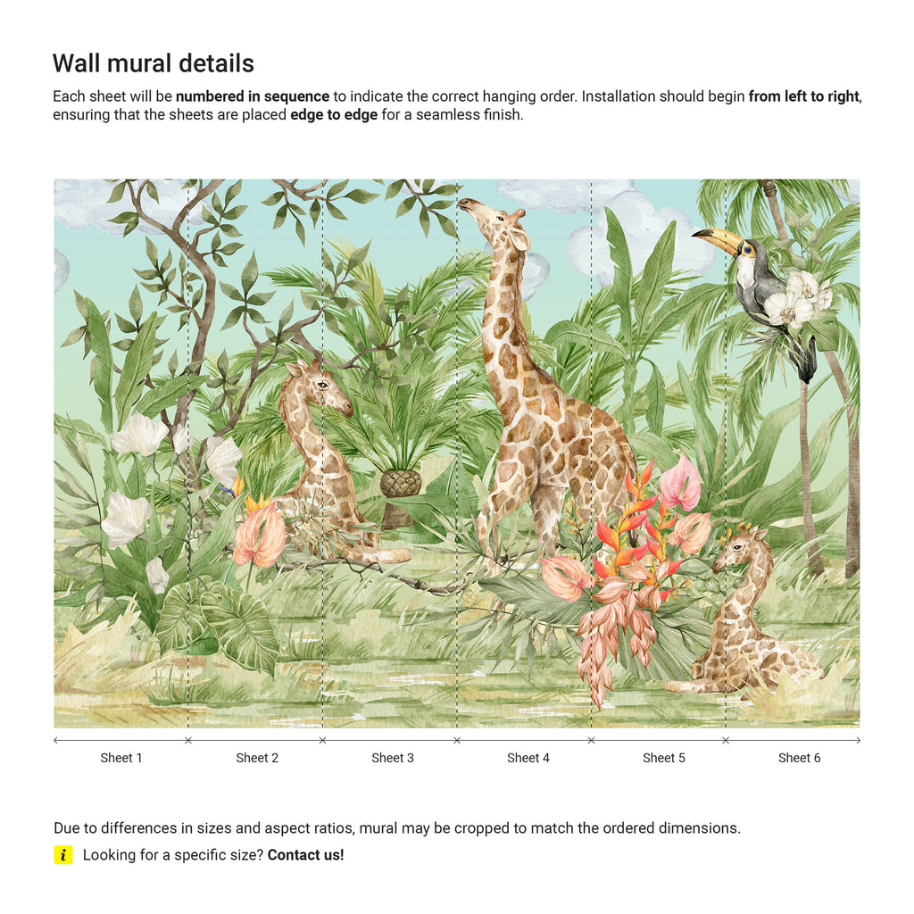 Wall mural design with giraffes, birds, and plants on a light blue background