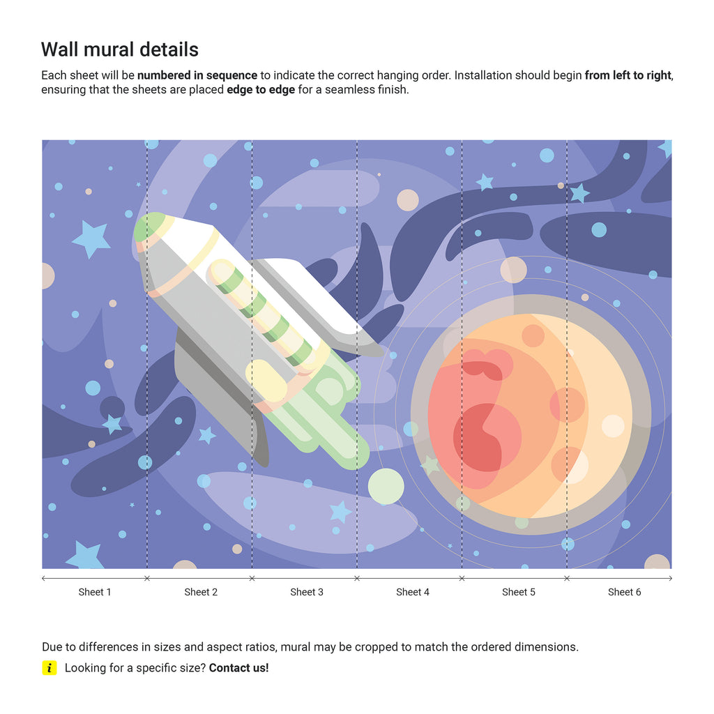 Space-themed wall mural design with a rocket and planet on a blue background.