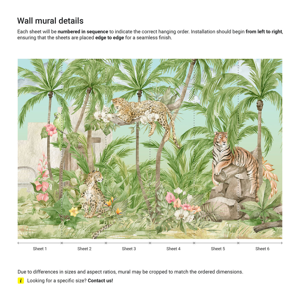Wall mural design with leopards and tigers in a jungle setting