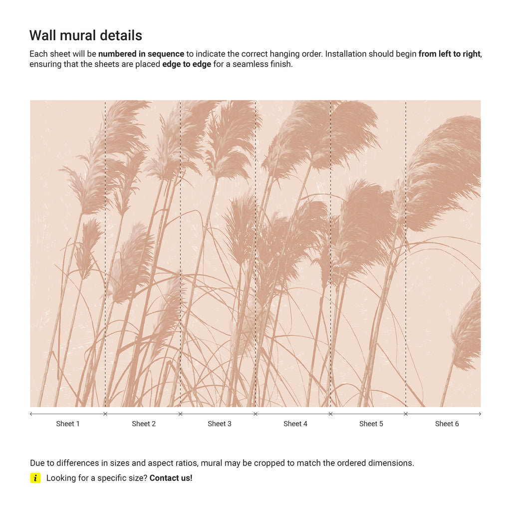 Wall mural with pampas grass design on a light pink background