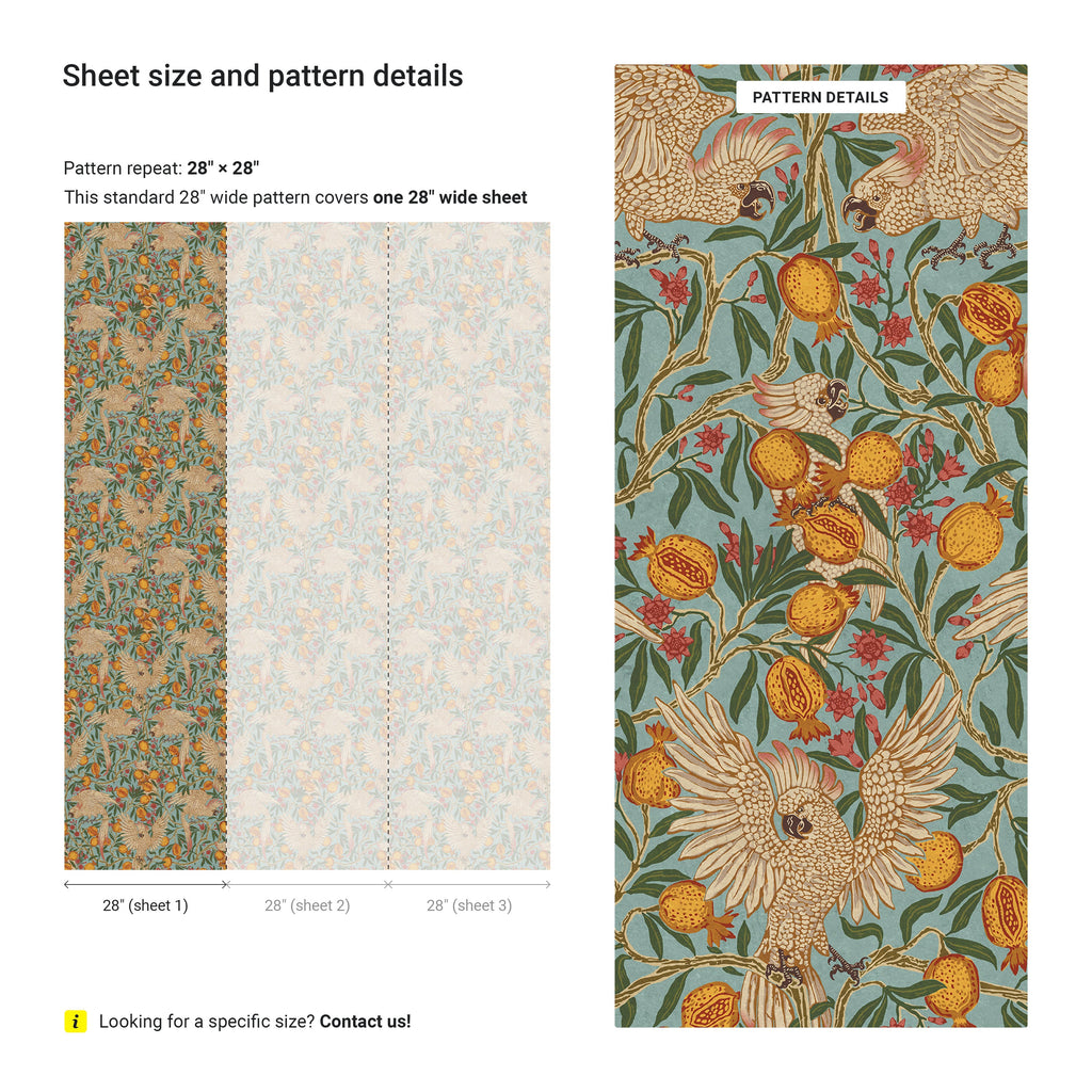 Walter Crane x Cockatoo and Pomegranate Peel and Stick Wallpaper, Removable Wallpaper, Traditional Wallpaper - Light Blue | DeccoPrint
