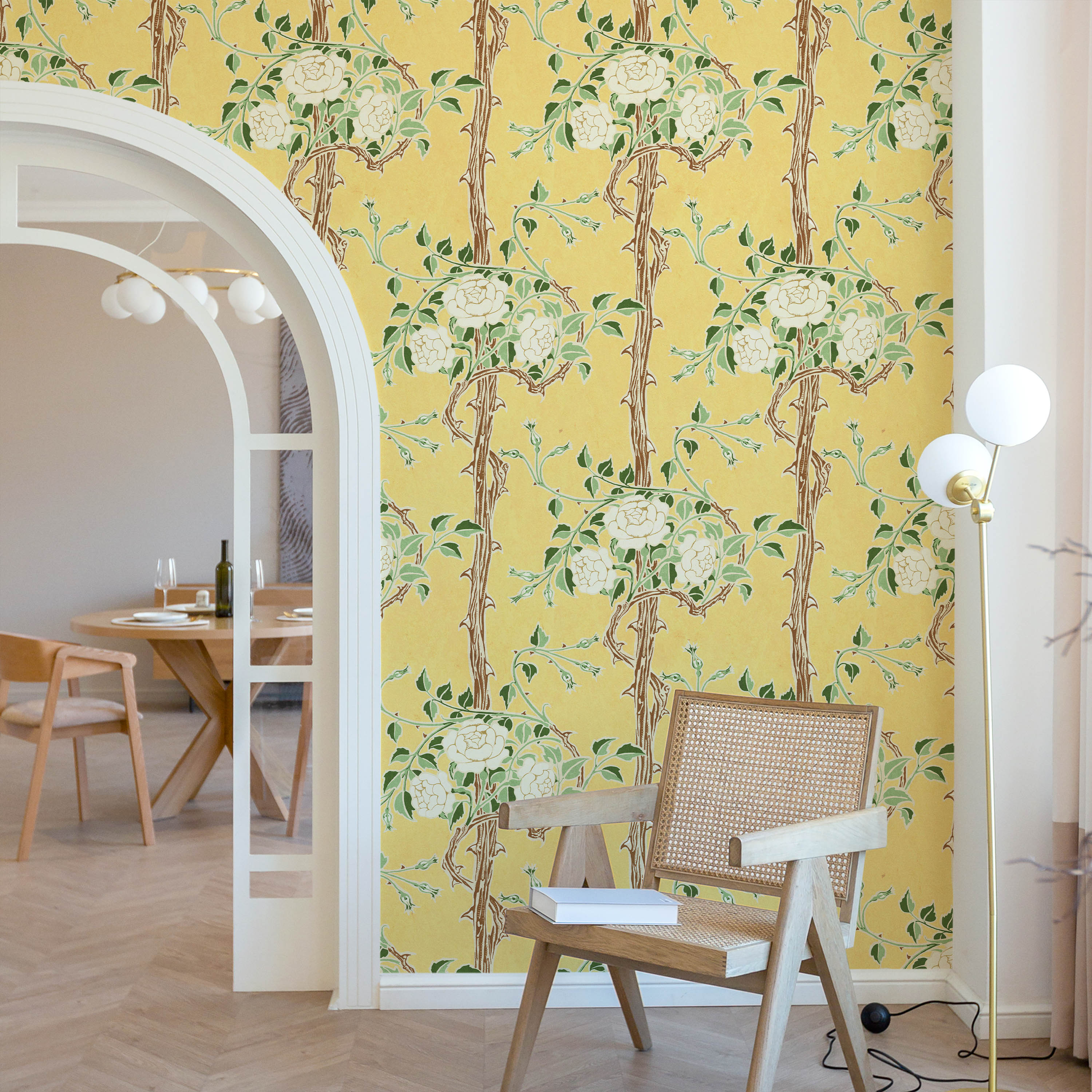 Walter Crane x Rose Bush Peel and Stick Wallpaper, Removable Wallpaper, Traditional Wallpaper - Sunrise Yellow | DeccoPrint