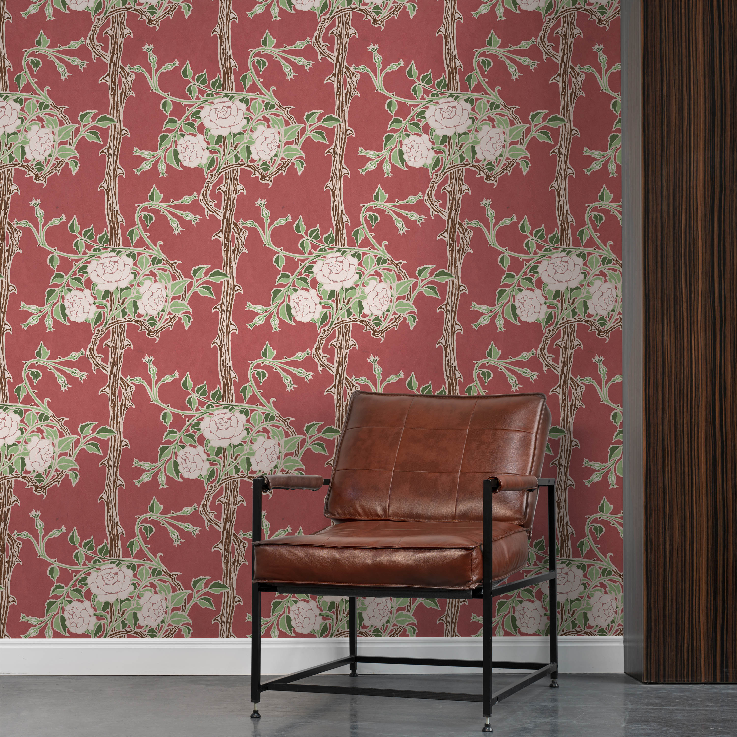Walter Crane x Rose Bush Peel and Stick Wallpaper, Removable Wallpaper, Traditional Wallpaper - Ember Red | DeccoPrint