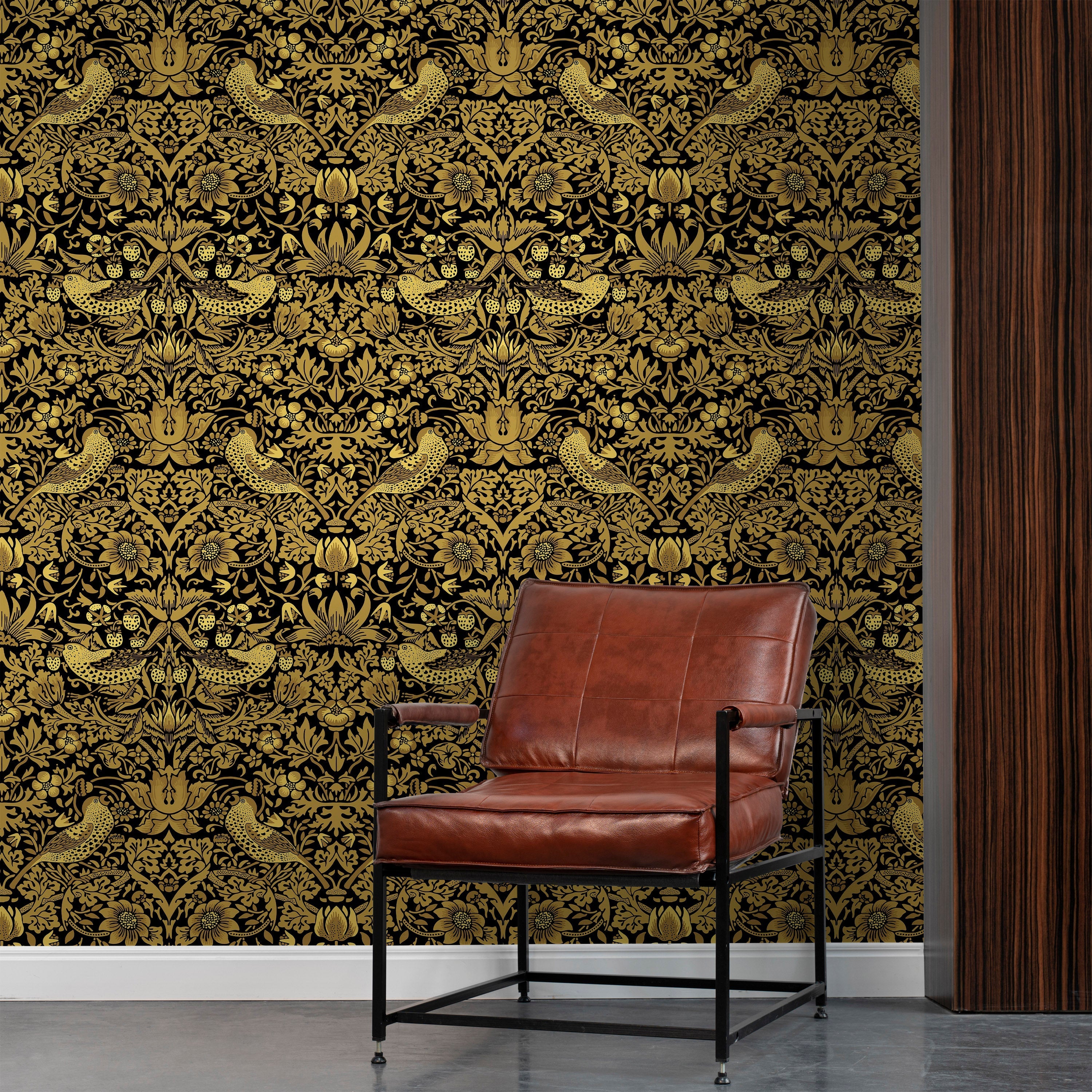 William Morris X Strawberry Thief Peel and Stick Wallpaper, Removable Wallpaper, Traditional Wallpaper - Gold | DeccoPrint