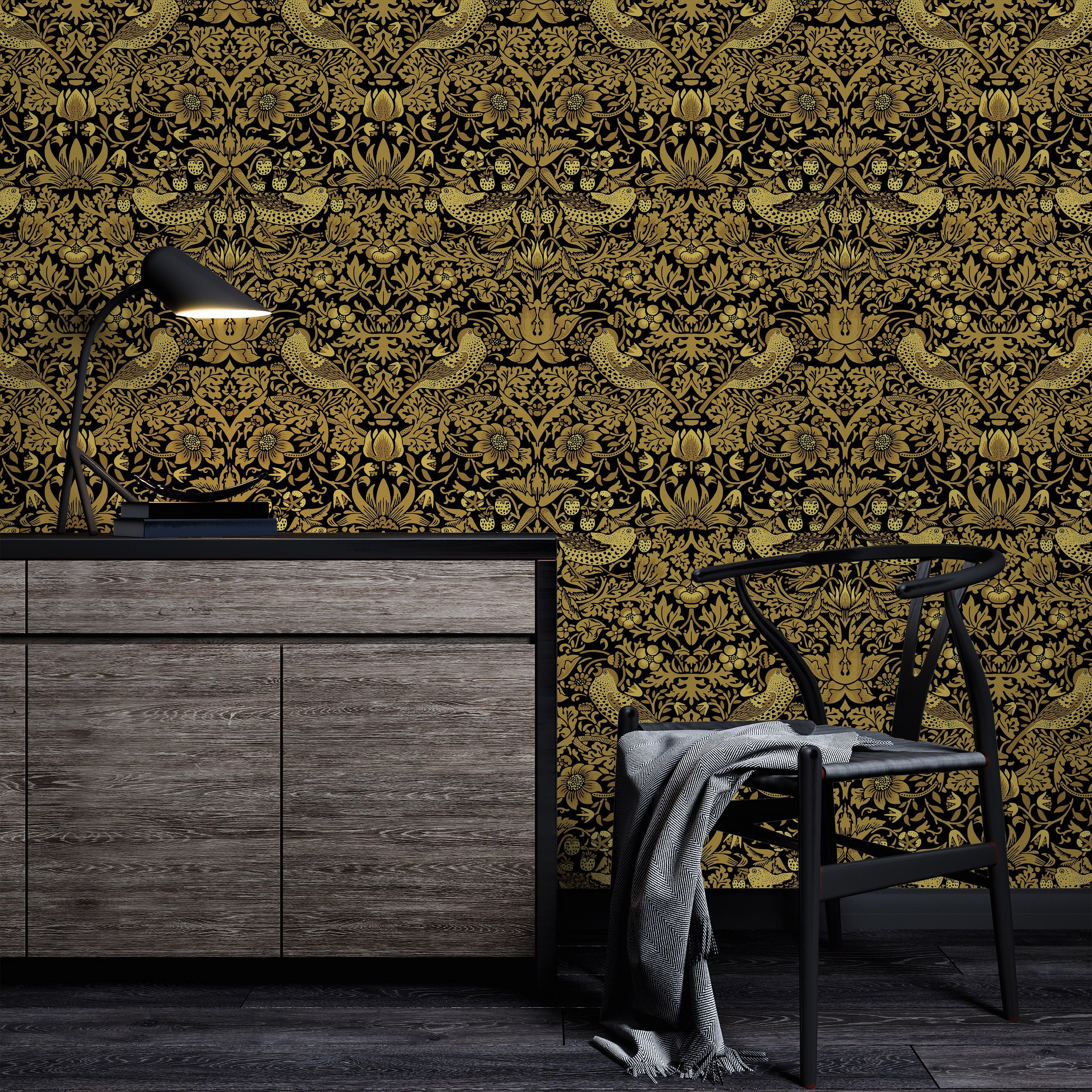 William Morris X Strawberry Thief Peel and Stick Wallpaper, Removable Wallpaper, Traditional Wallpaper - Gold | DeccoPrint