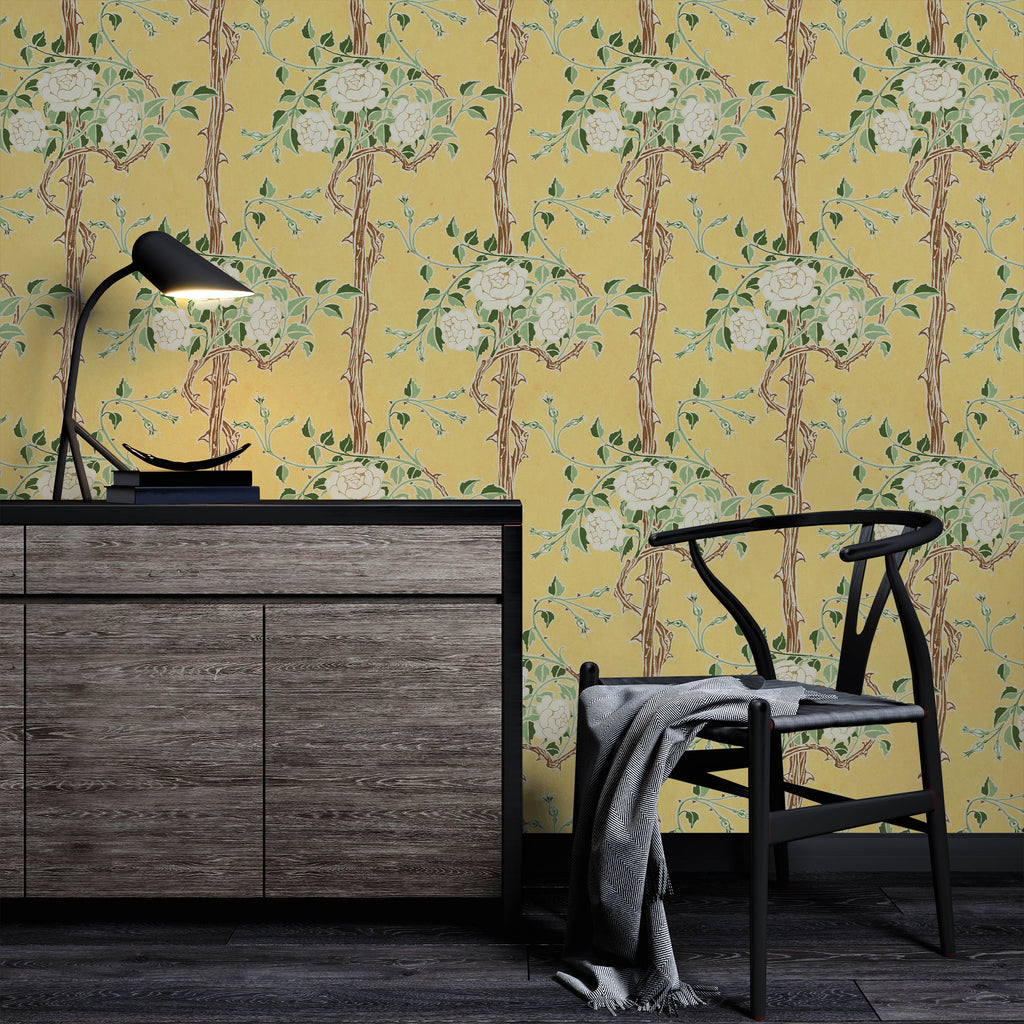 Walter Crane x Rose Bush Peel and Stick Wallpaper, Removable Wallpaper, Traditional Wallpaper - Sunrise Yellow | DeccoPrint