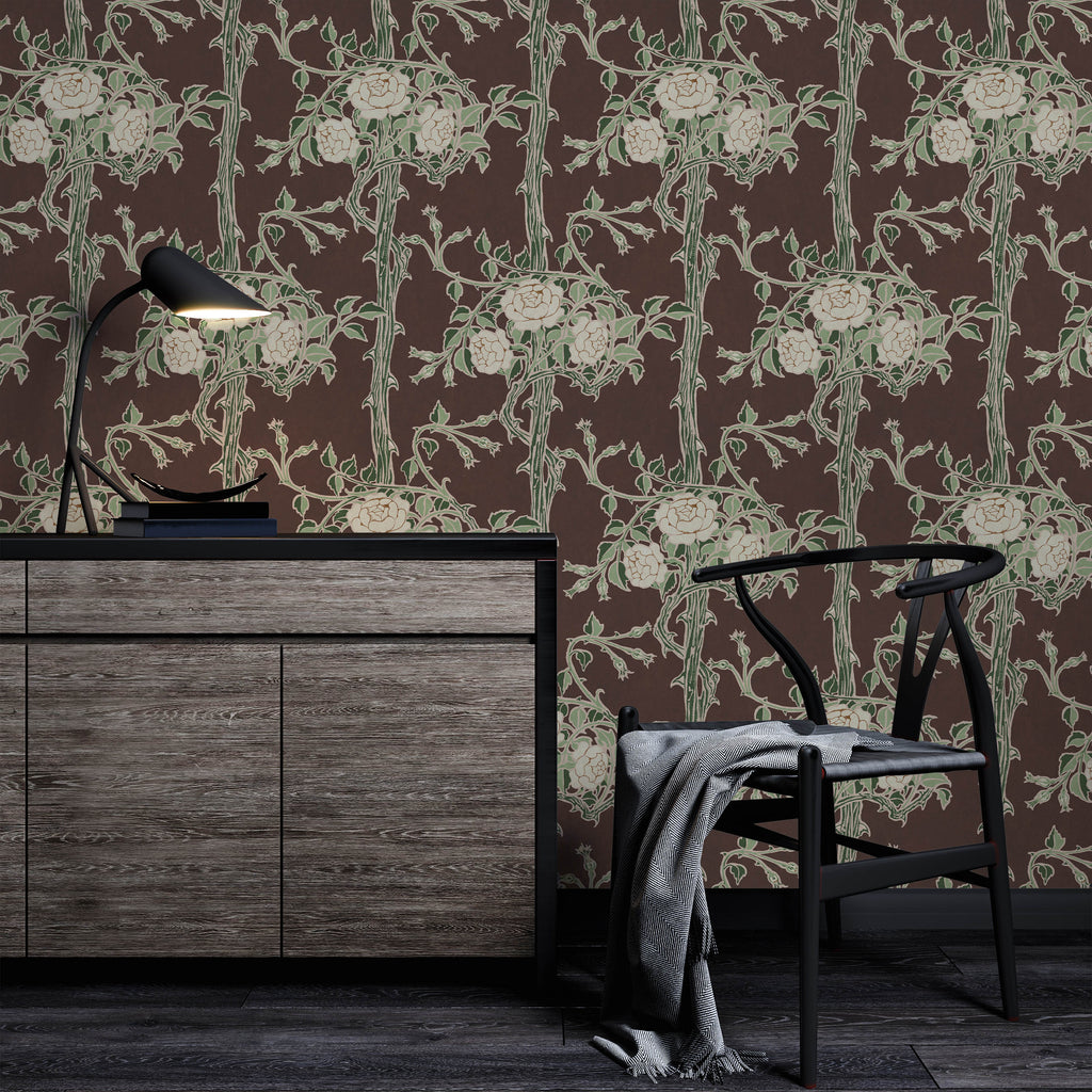 Walter Crane x Rose Bush Peel and Stick Wallpaper, Removable Wallpaper, Traditional Wallpaper - Rustic Brown | DeccoPrint