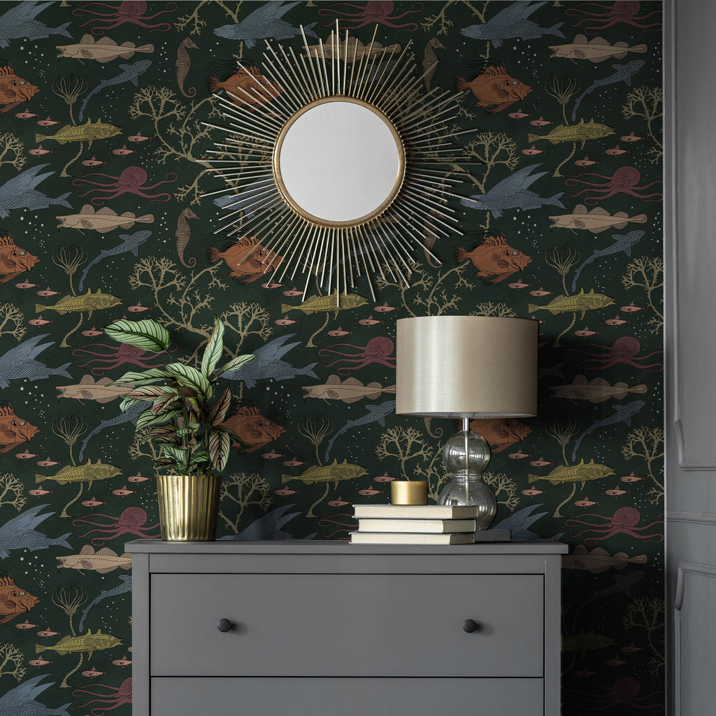 Maurice Pillard Verneuil x  Sea Creatures Peel and Stick Wallpaper, Removable Wallpaper, Traditional Wallpaper - Dark Green | DeccoPrint