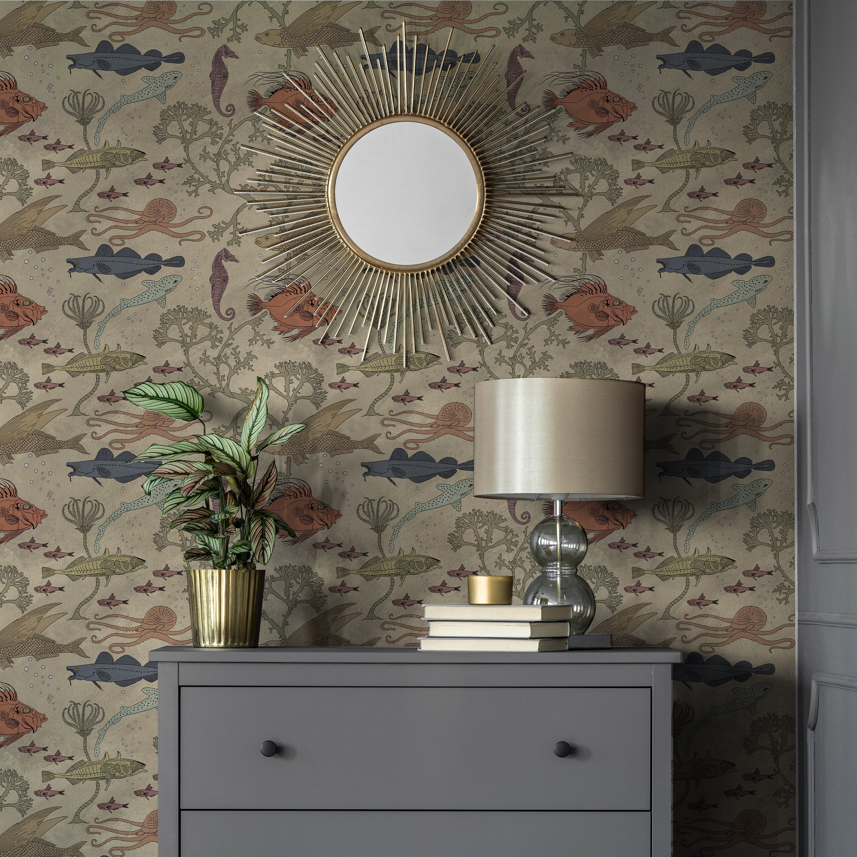 Maurice Pillard Verneuil x  Sea Creatures Peel and Stick Wallpaper, Removable Wallpaper, Traditional Wallpaper - Antique Beige | DeccoPrint