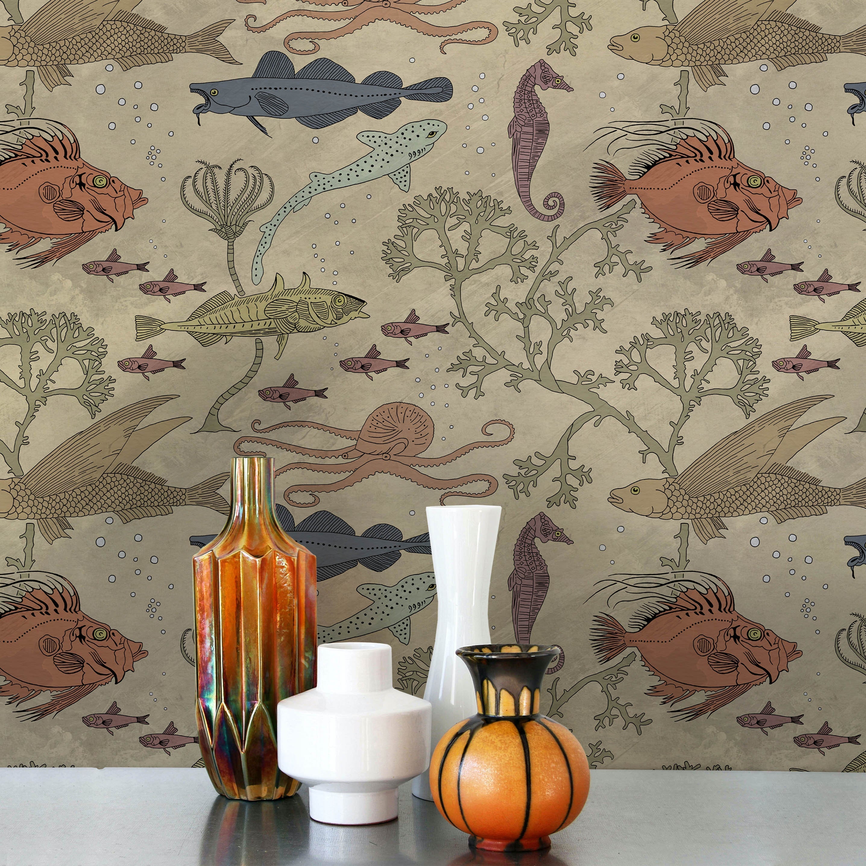 Maurice Pillard Verneuil x  Sea Creatures Peel and Stick Wallpaper, Removable Wallpaper, Traditional Wallpaper - Antique Beige | DeccoPrint