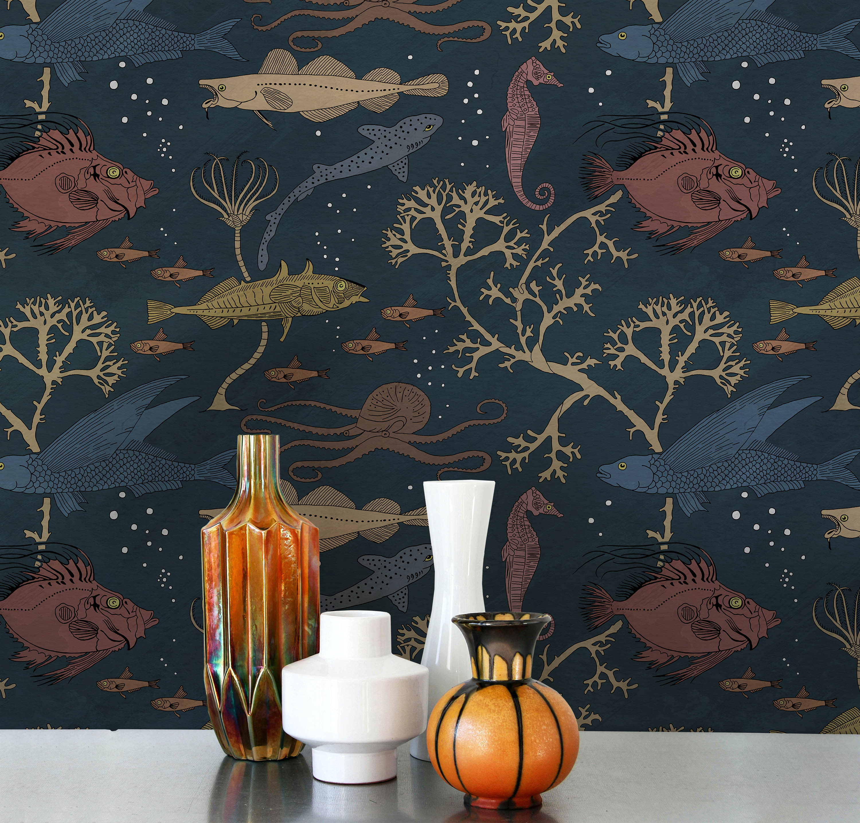 Maurice Pillard Verneuil x  Sea Creatures Peel and Stick Wallpaper, Removable Wallpaper, Traditional Wallpaper - Deep Blue | DeccoPrint
