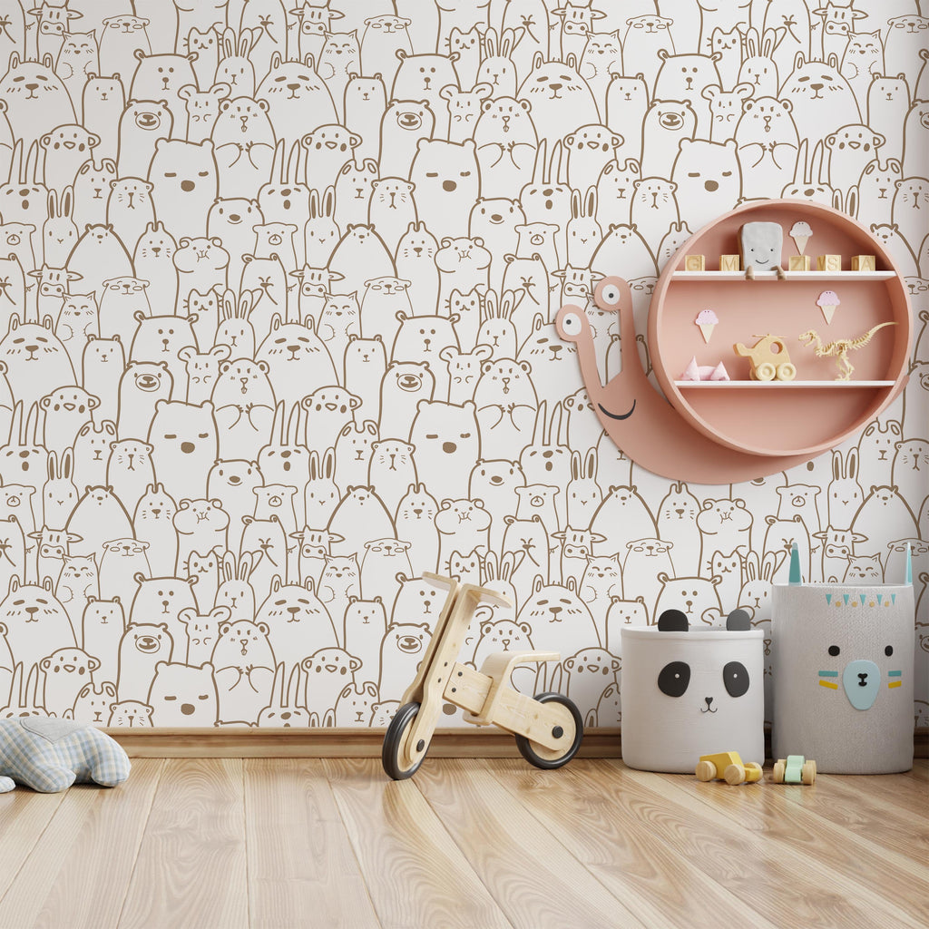 Animal Doodles Peel and Stick Wallpaper, Removable Wallpaper, Traditional Wallpaper - Brown | DeccoPrint