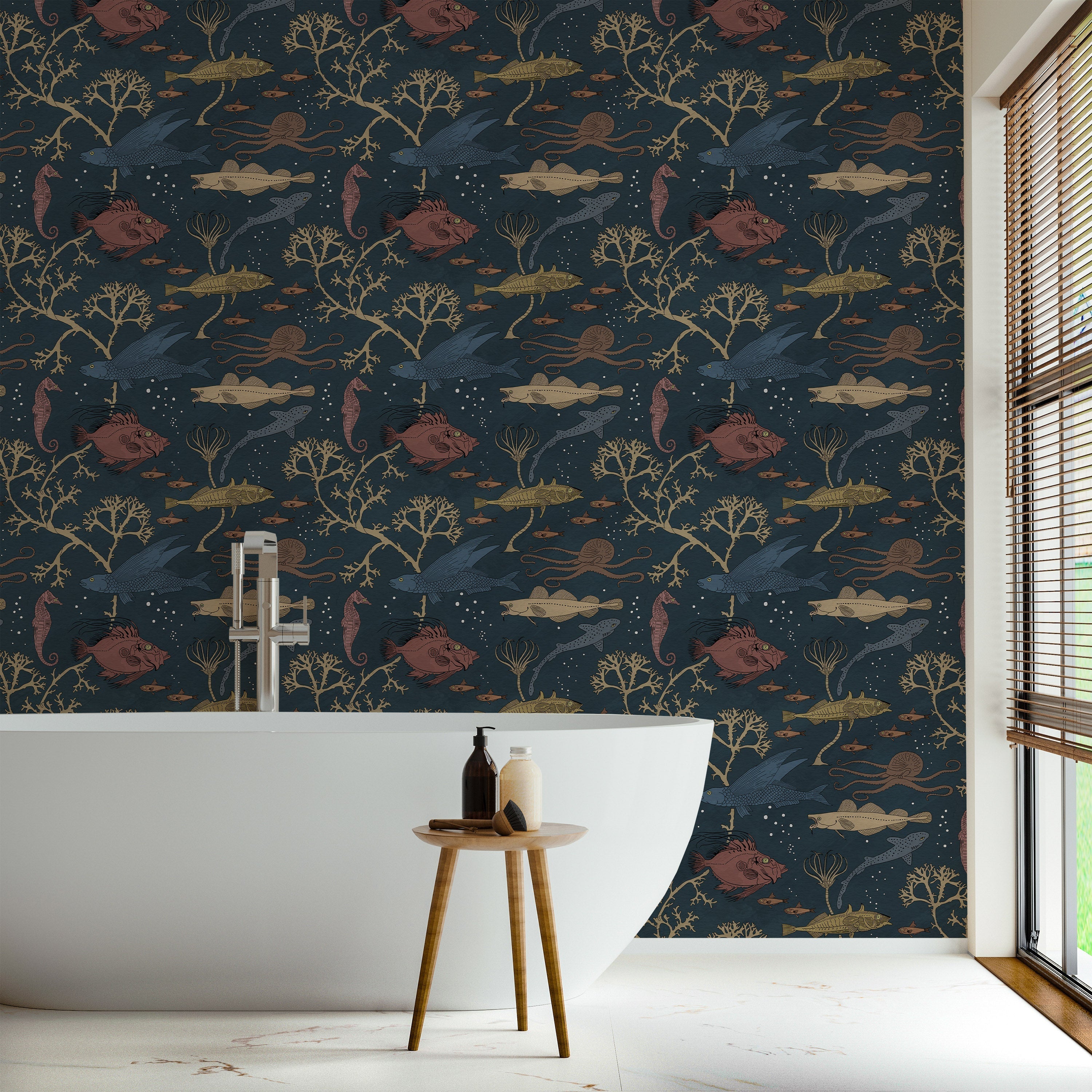 Maurice Pillard Verneuil x  Sea Creatures Peel and Stick Wallpaper, Removable Wallpaper, Traditional Wallpaper - Deep Blue | DeccoPrint