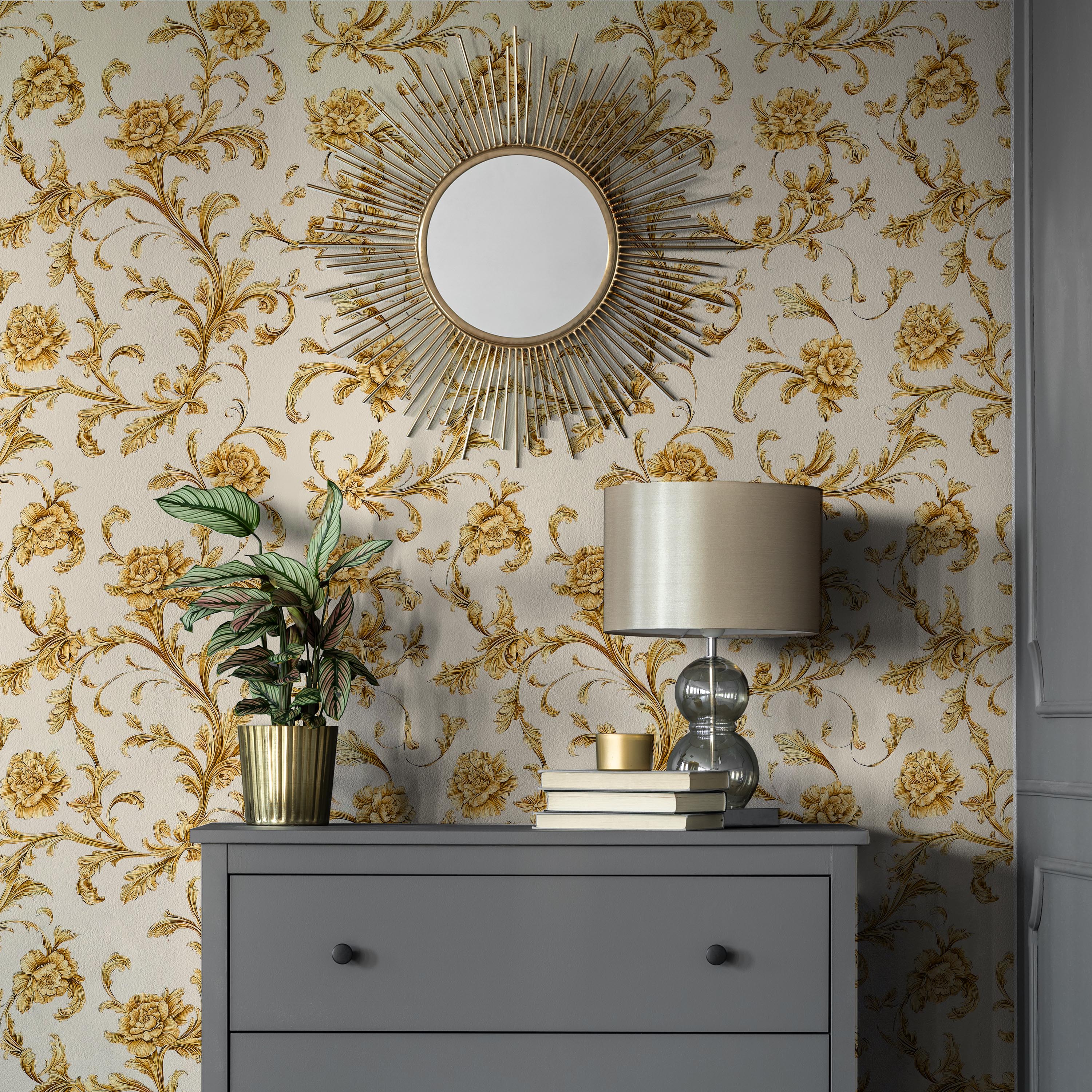 Baroque Floral Peel and Stick Wallpaper, Removable Wallpaper, Traditional Wallpaper - Cream | DeccoPrint