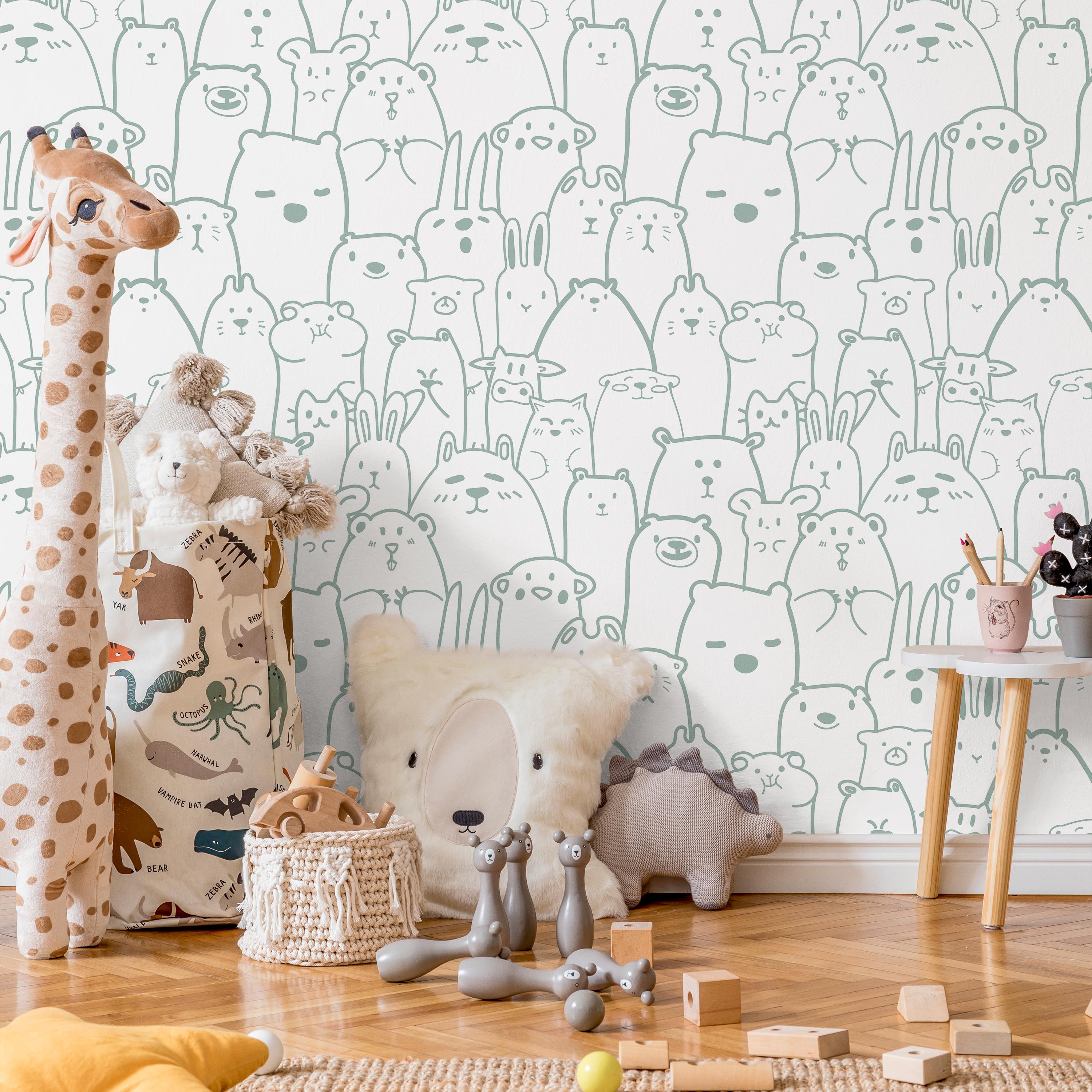 Animal Doodles Peel and Stick Wallpaper, Removable Wallpaper, Traditional Wallpaper - Blue | DeccoPrint