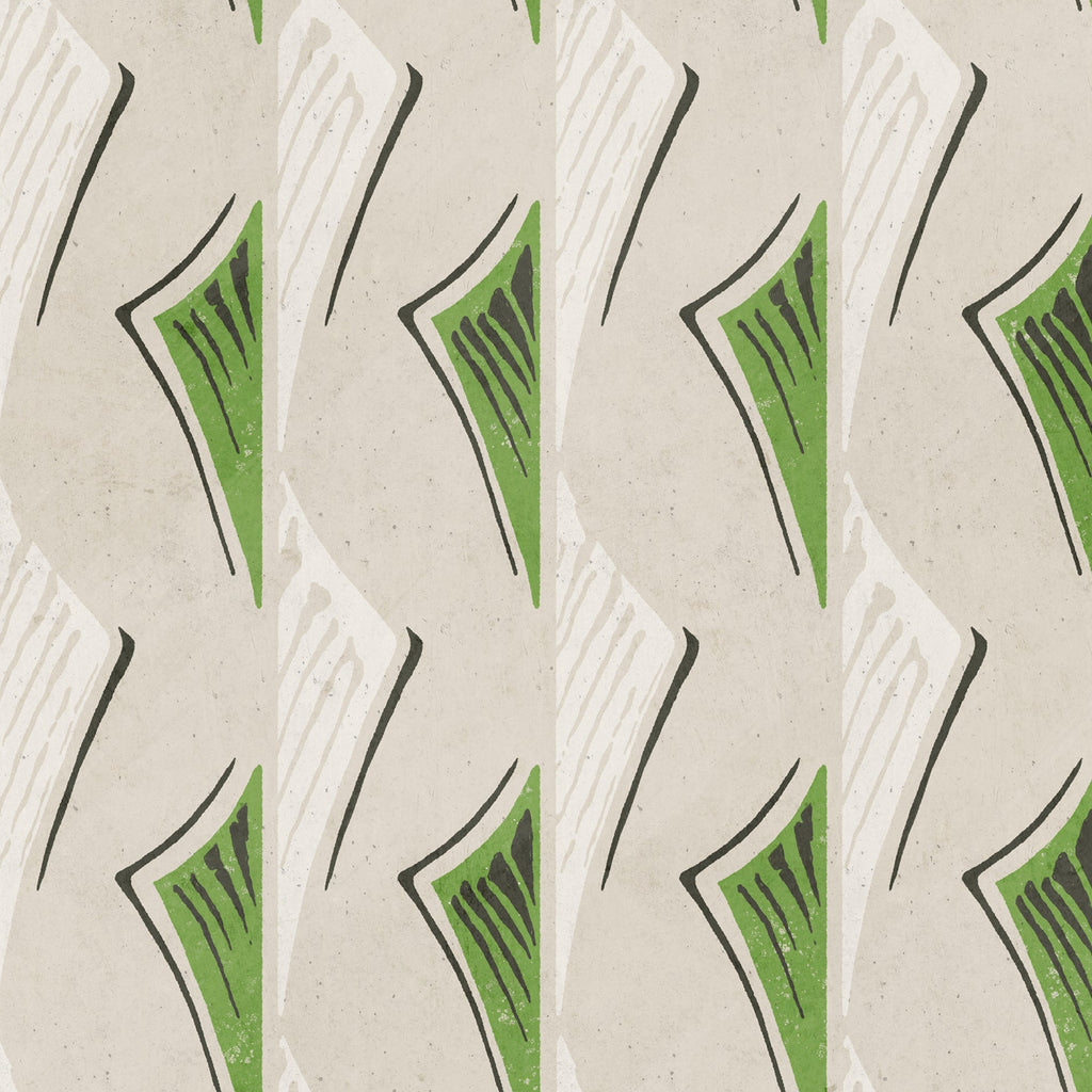 Patterned wallpaper with green and black shapes on a beige background