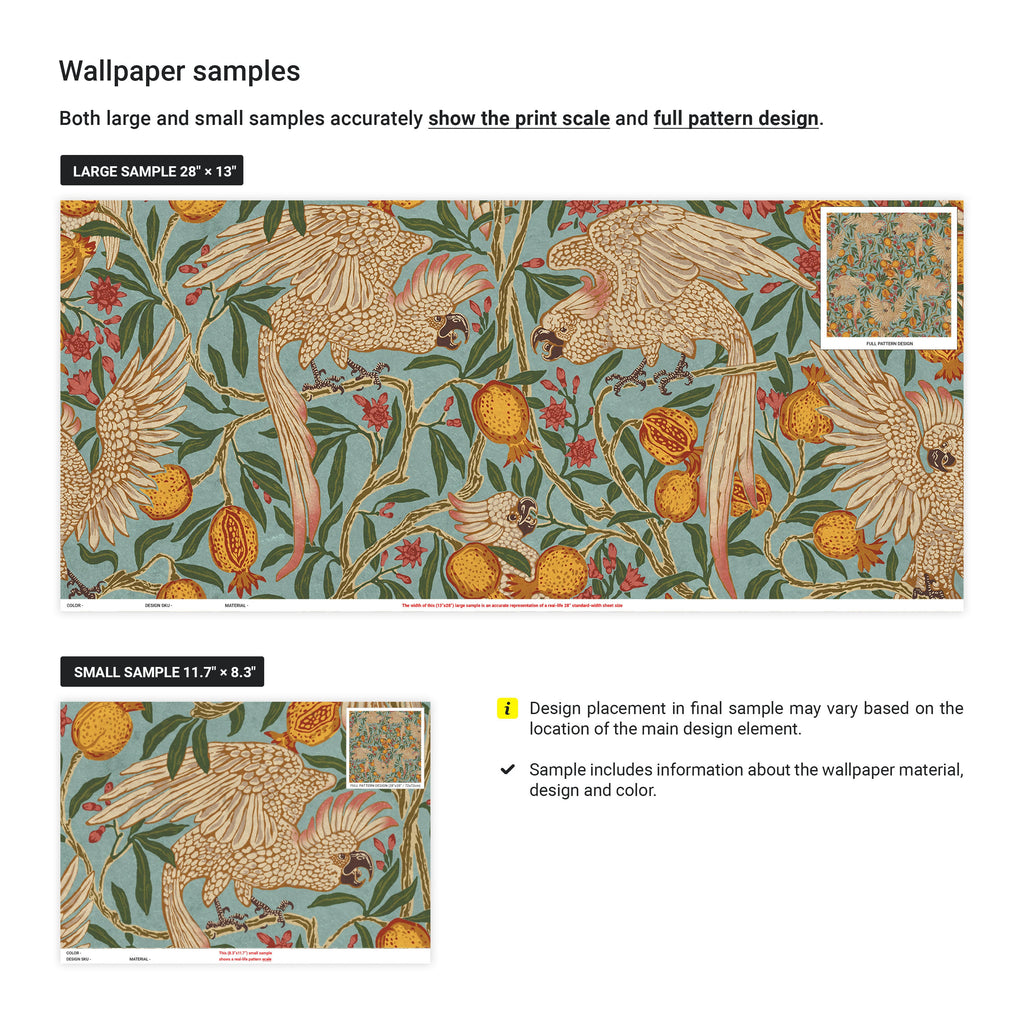 Walter Crane x Cockatoo and Pomegranate Peel and Stick Wallpaper, Removable Wallpaper, Traditional Wallpaper - Light Blue | DeccoPrint