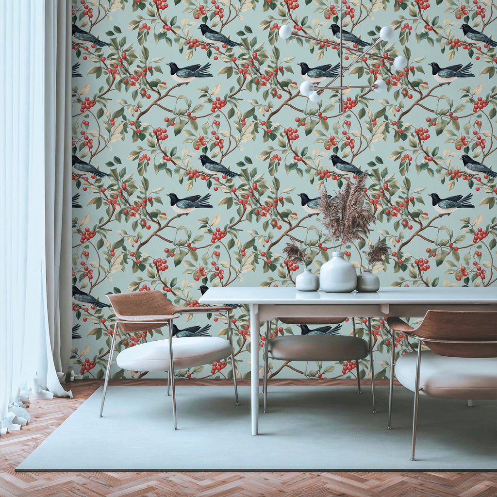 Birds and The Trees Peel and Stick Wallpaper, Removable Wallpaper, Traditional Wallpaper - Blue | DeccoPrint
