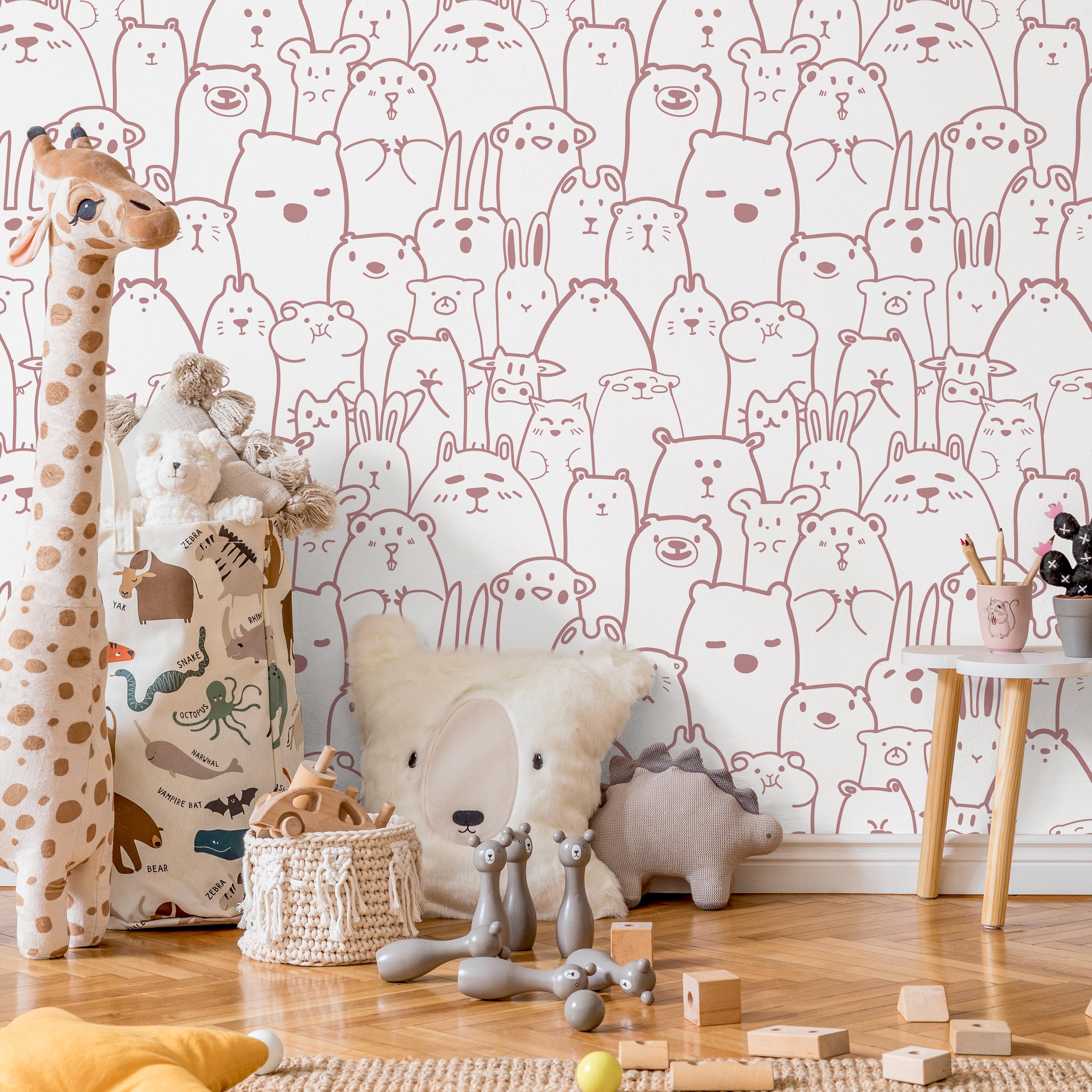 Animal Doodles Peel and Stick Wallpaper, Removable Wallpaper, Traditional Wallpaper - Pink | DeccoPrint