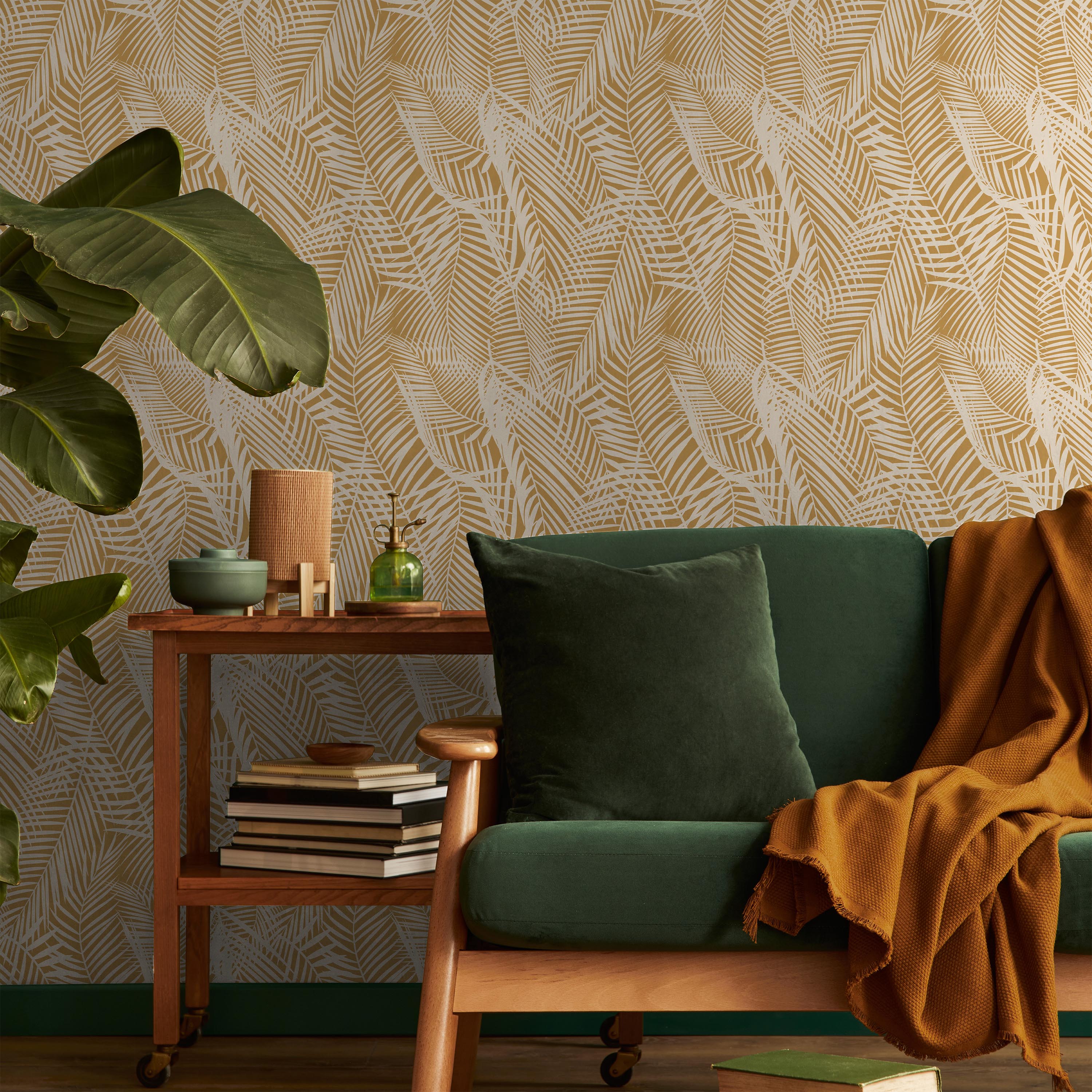 Palm Leaves Peel and Stick Wallpaper, Removable Wallpaper, Traditional Wallpaper - Yellow | DeccoPrint