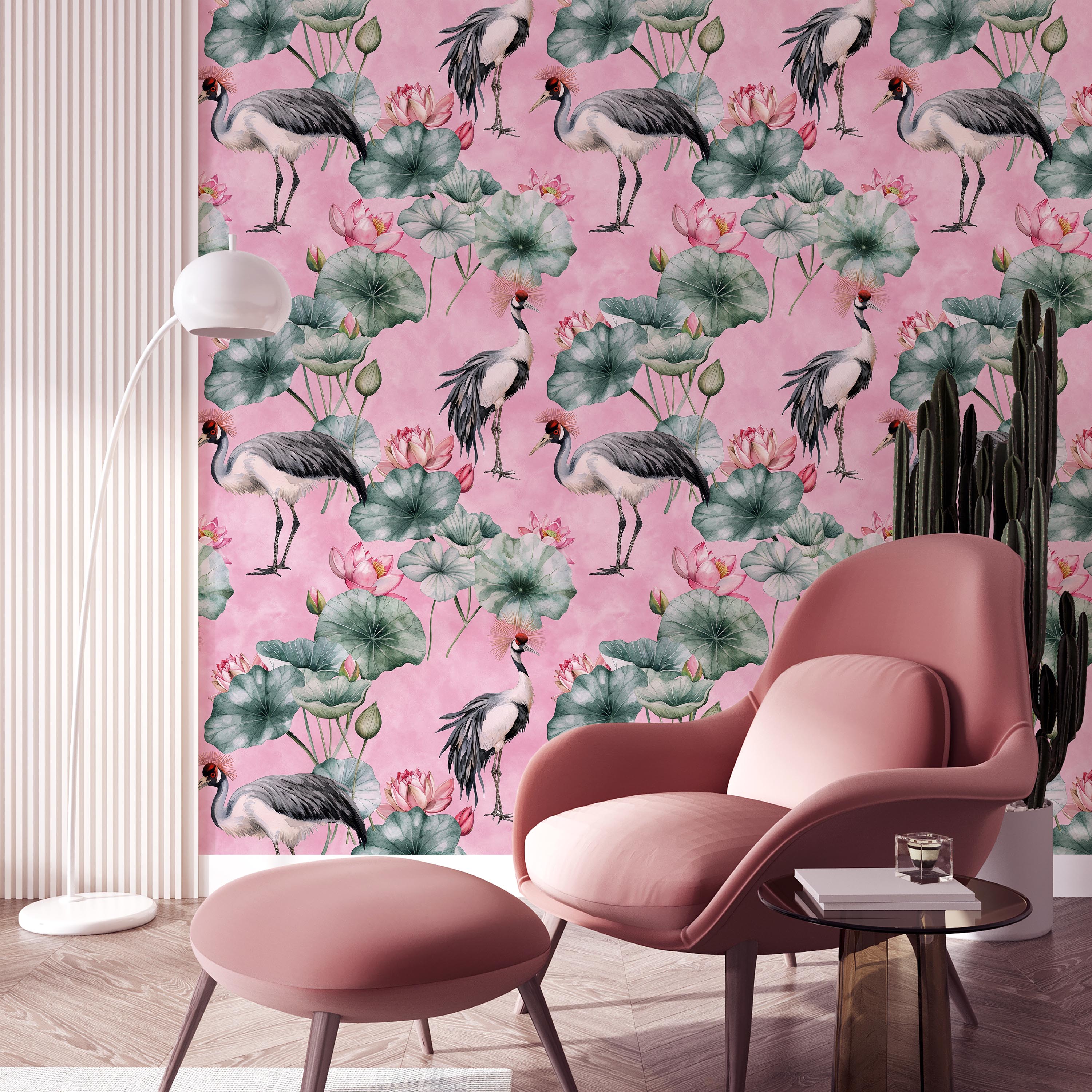 Crowned Cranes Peel and Stick Wallpaper, Removable Wallpaper, Traditional Wallpaper - Pink | DeccoPrint