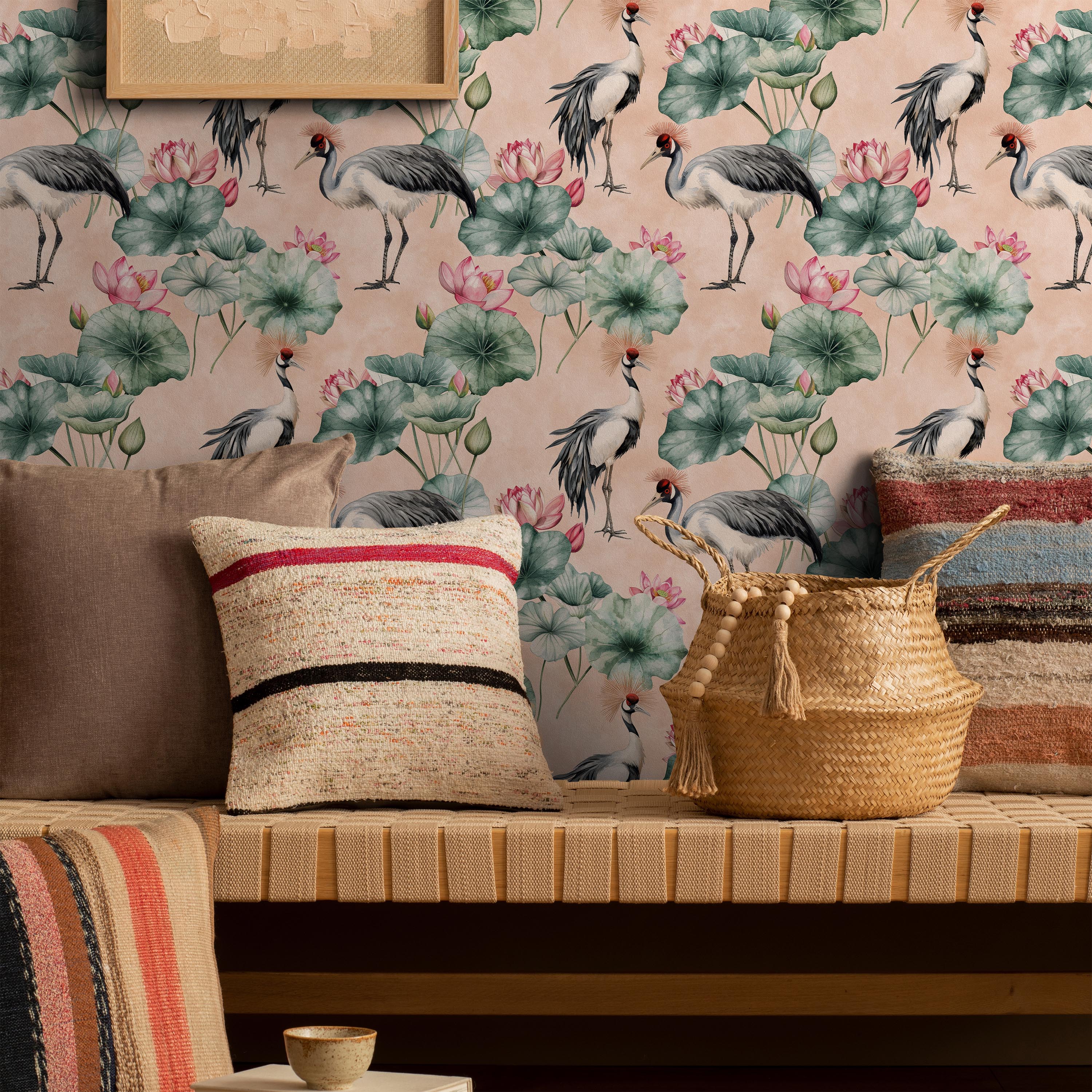 Crowned Cranes Peel and Stick Wallpaper, Removable Wallpaper, Traditional Wallpaper - Peach | DeccoPrint