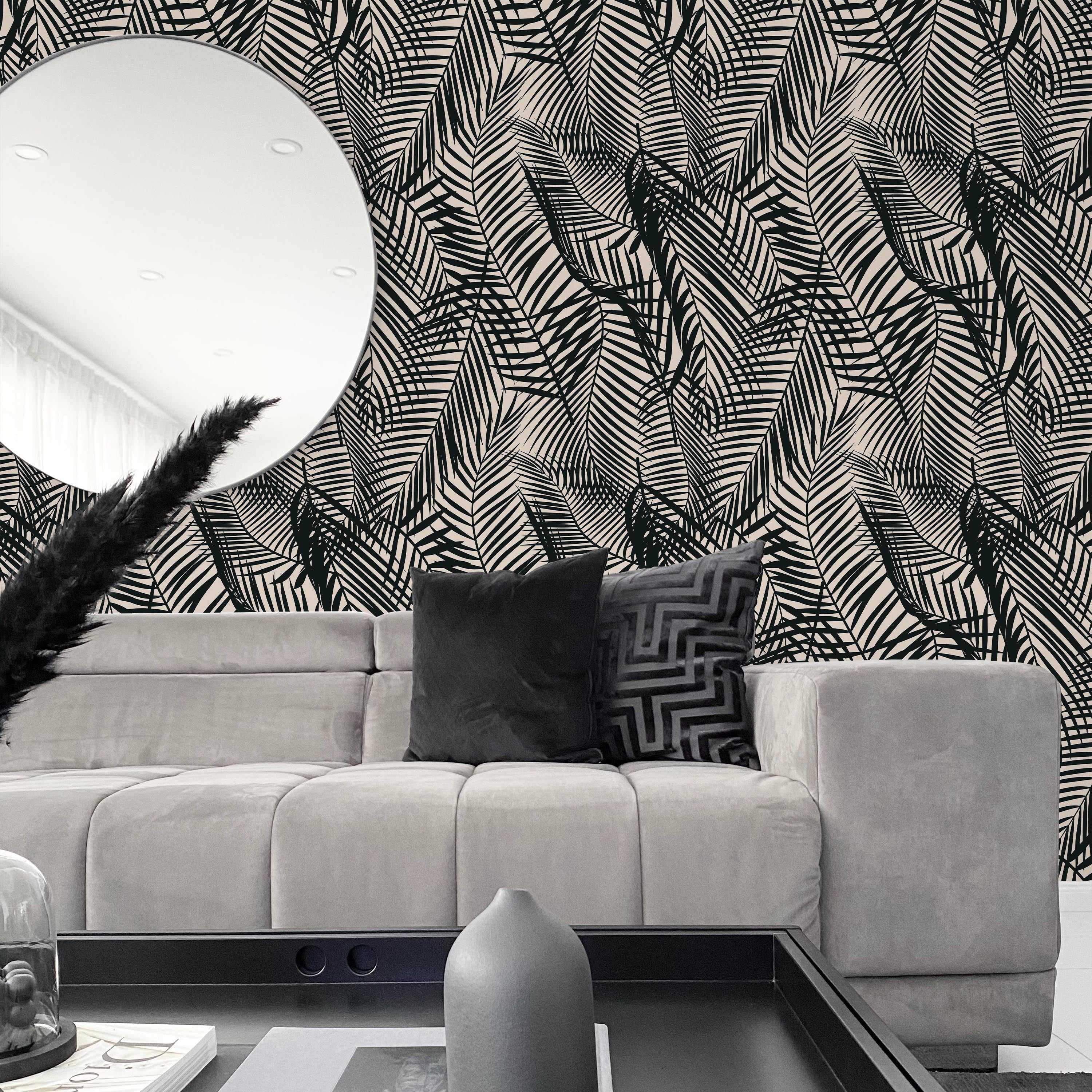 Palm Leaves Peel and Stick Wallpaper, Removable Wallpaper, Traditional Wallpaper - Black | DeccoPrint