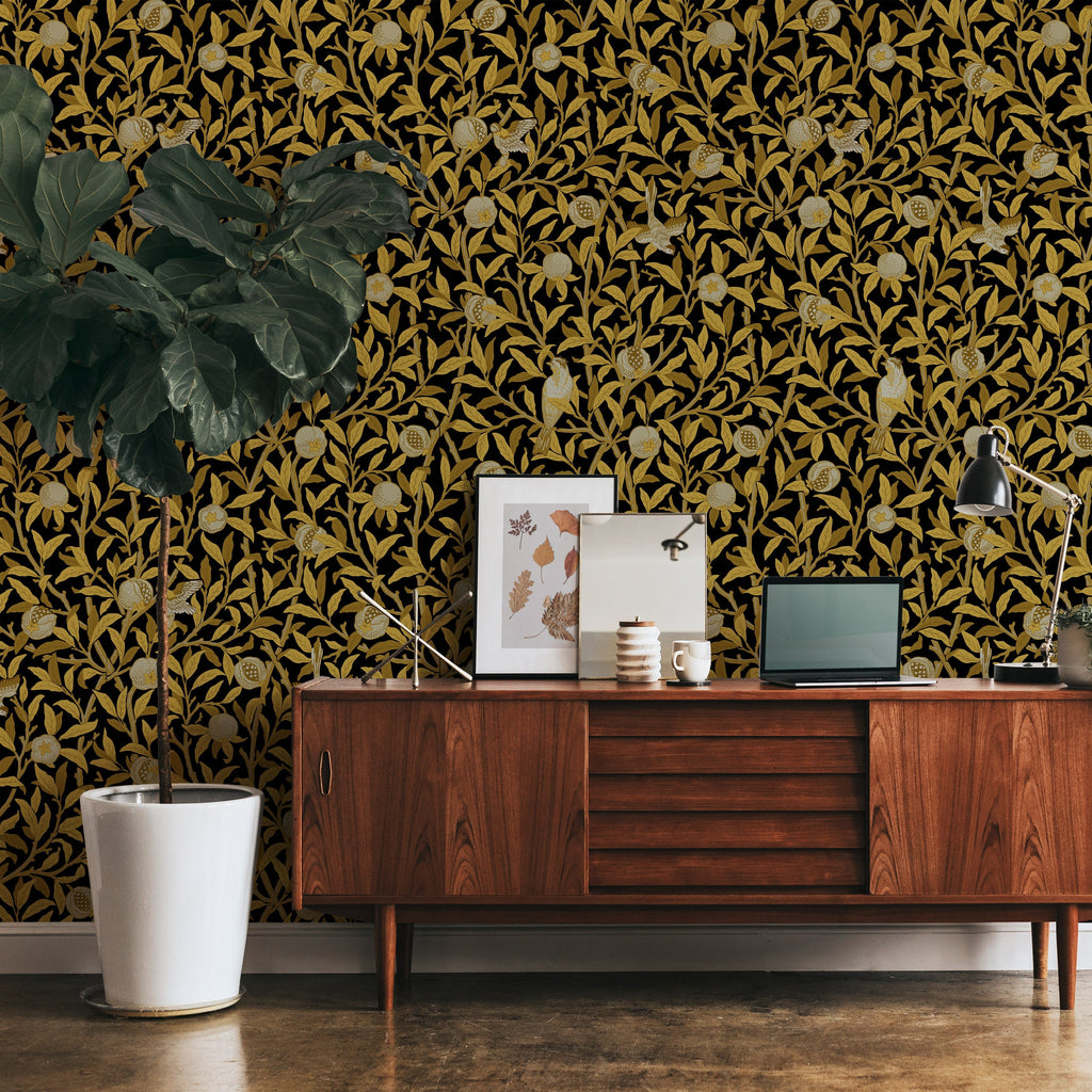 William Morris X Bird and Pomegranate Peel and Stick Wallpaper, Removable Wallpaper, Traditional Wallpaper - Gold | DeccoPrint