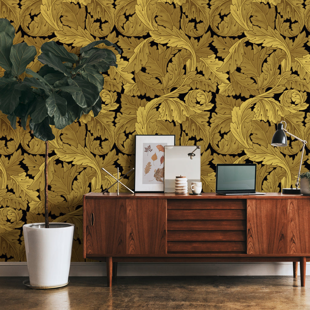 William Morris X Acanthus Peel and Stick Wallpaper, Removable Wallpaper, Traditional Wallpaper - Gold | DeccoPrint
