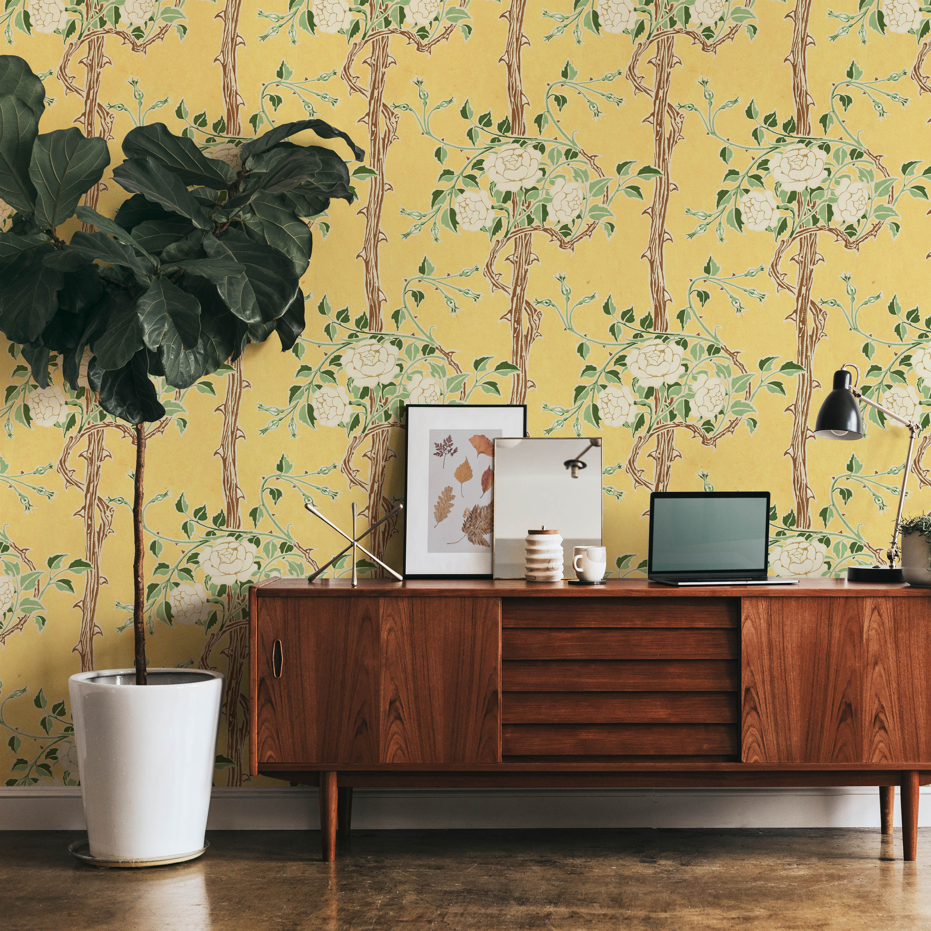 Walter Crane x Rose Bush Peel and Stick Wallpaper, Removable Wallpaper, Traditional Wallpaper - Sunrise Yellow | DeccoPrint