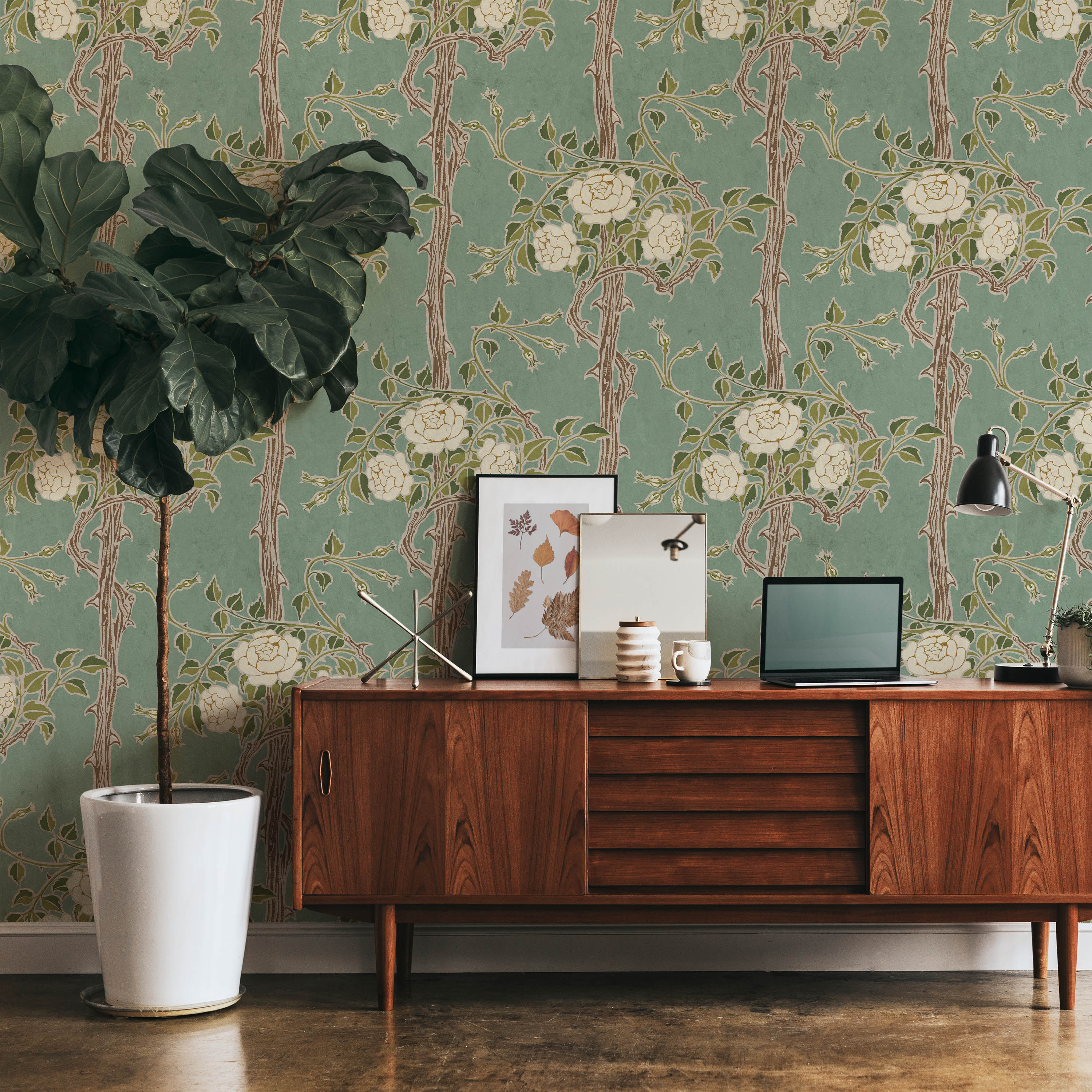 Walter Crane x Rose Bush Peel and Stick Wallpaper, Removable Wallpaper, Traditional Wallpaper - Vintage Green | DeccoPrint