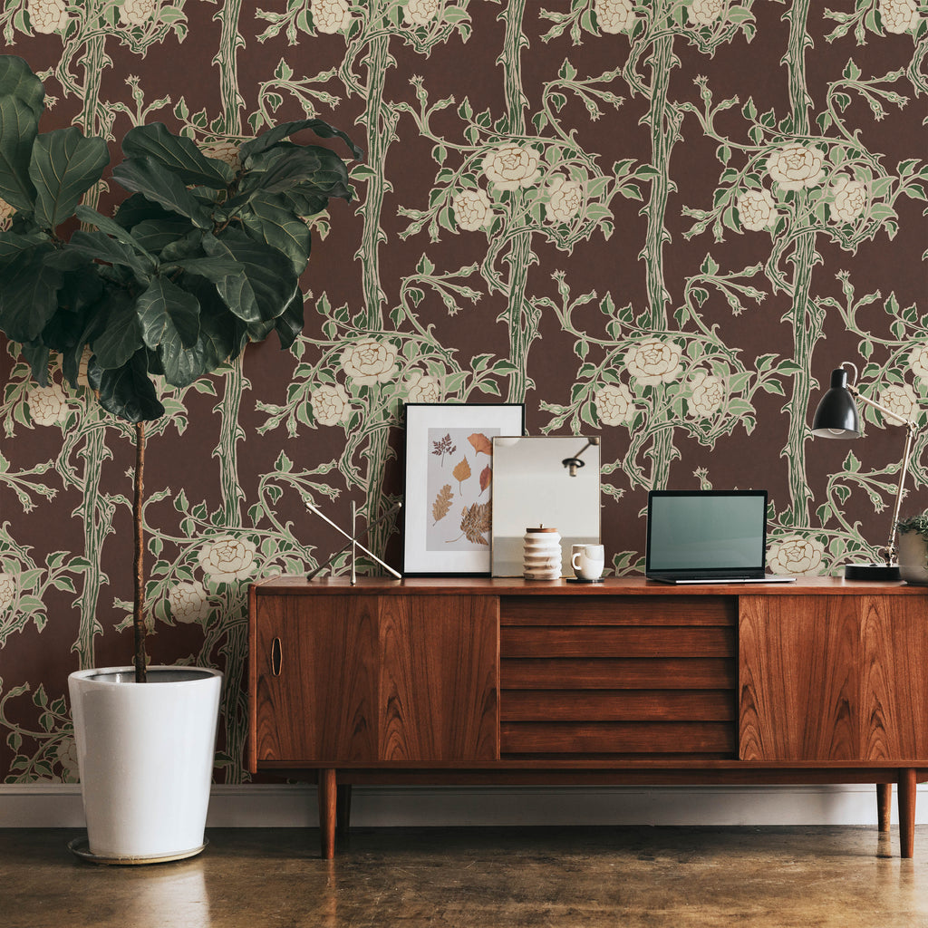 Walter Crane x Rose Bush Peel and Stick Wallpaper, Removable Wallpaper, Traditional Wallpaper - Rustic Brown | DeccoPrint