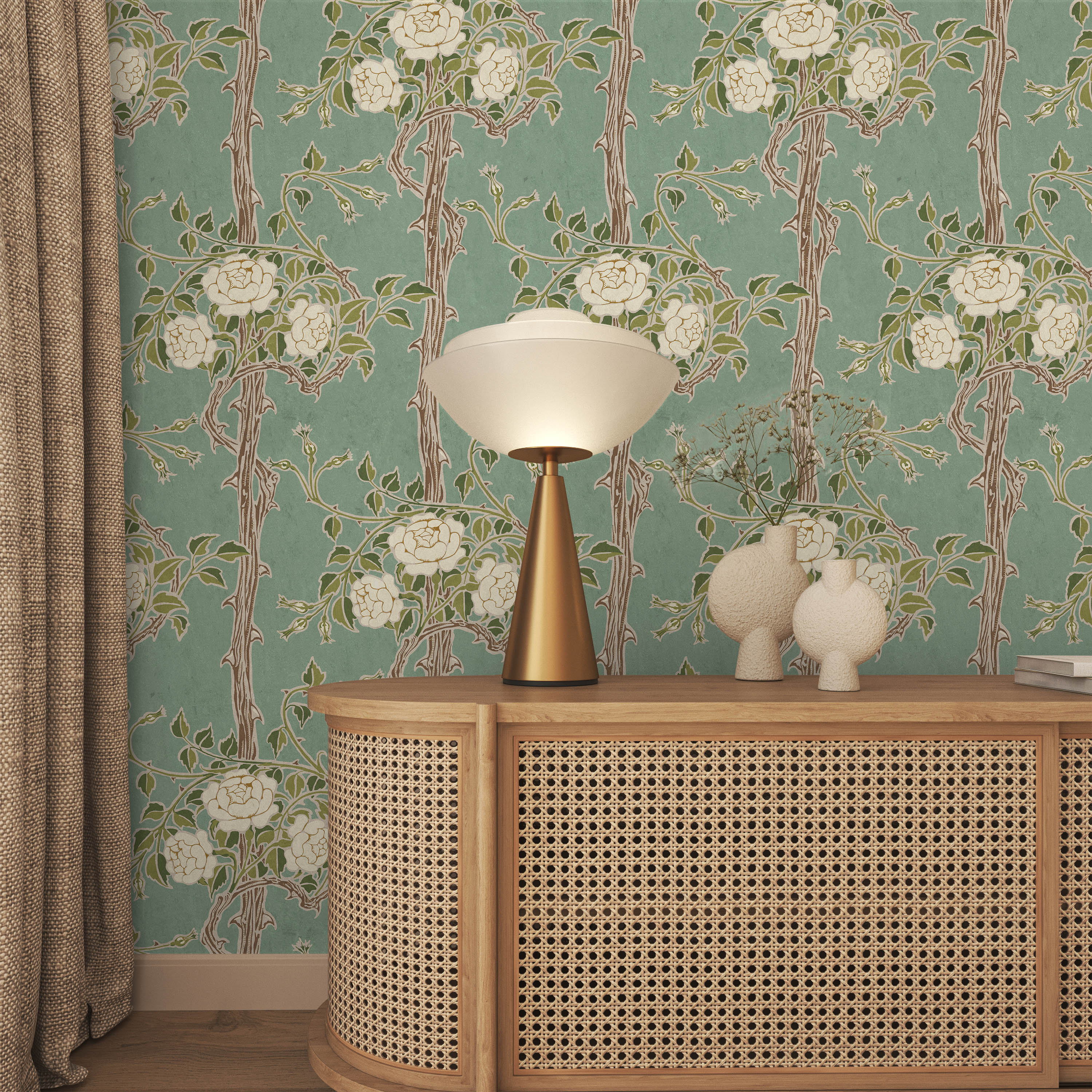 Walter Crane x Rose Bush Peel and Stick Wallpaper, Removable Wallpaper, Traditional Wallpaper - Vintage Green | DeccoPrint