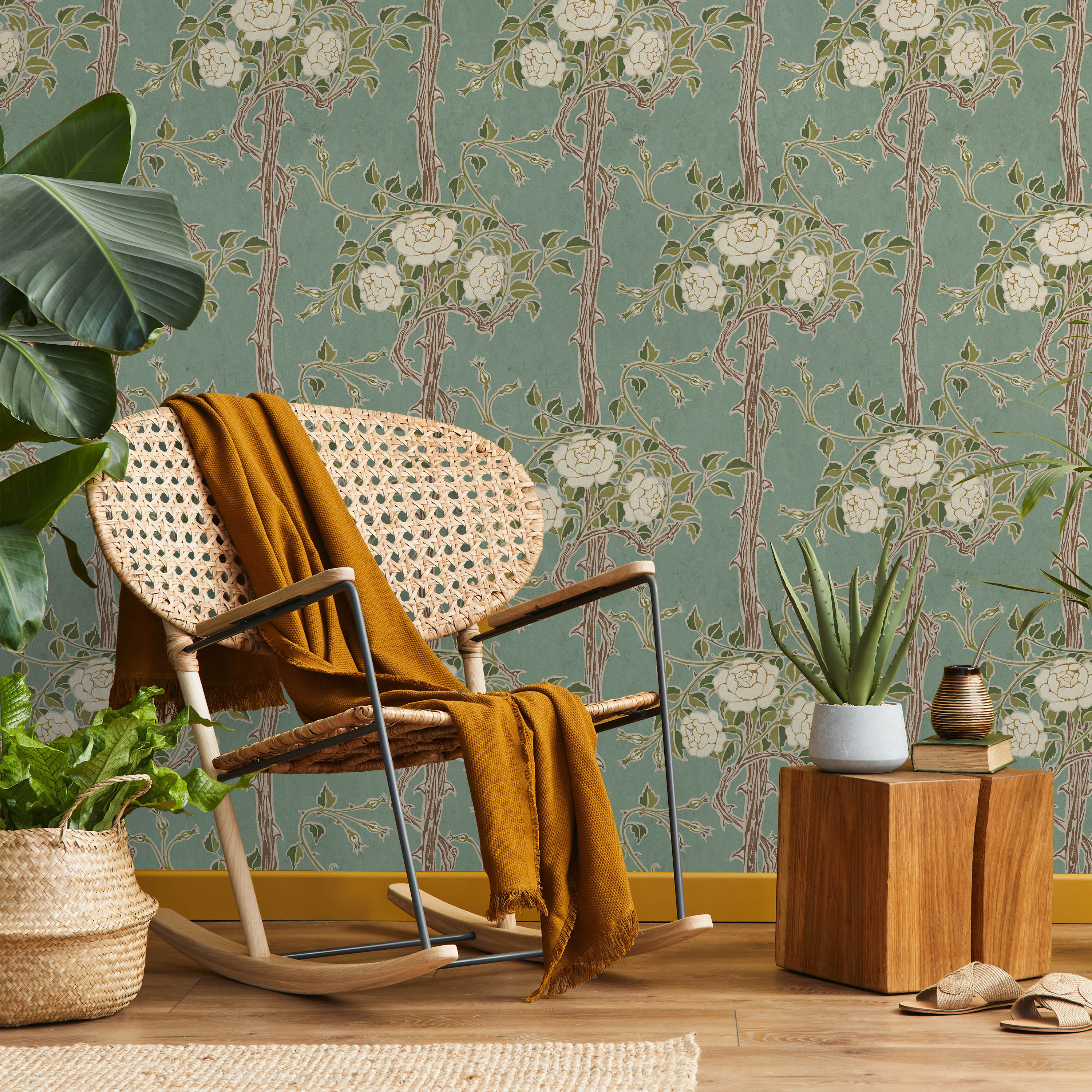 Walter Crane x Rose Bush Peel and Stick Wallpaper, Removable Wallpaper, Traditional Wallpaper - Vintage Green | DeccoPrint