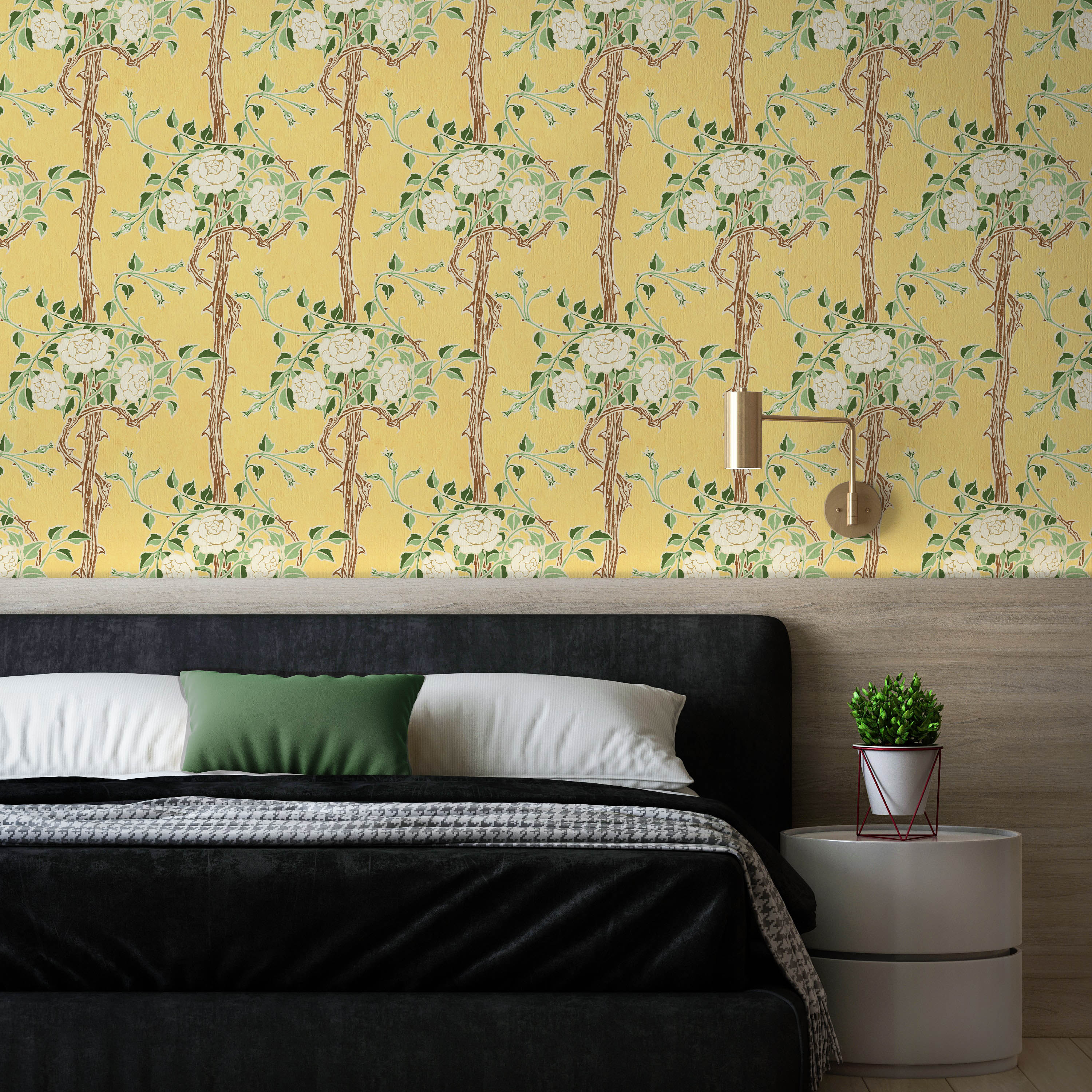 Walter Crane x Rose Bush Peel and Stick Wallpaper, Removable Wallpaper, Traditional Wallpaper - Sunrise Yellow | DeccoPrint