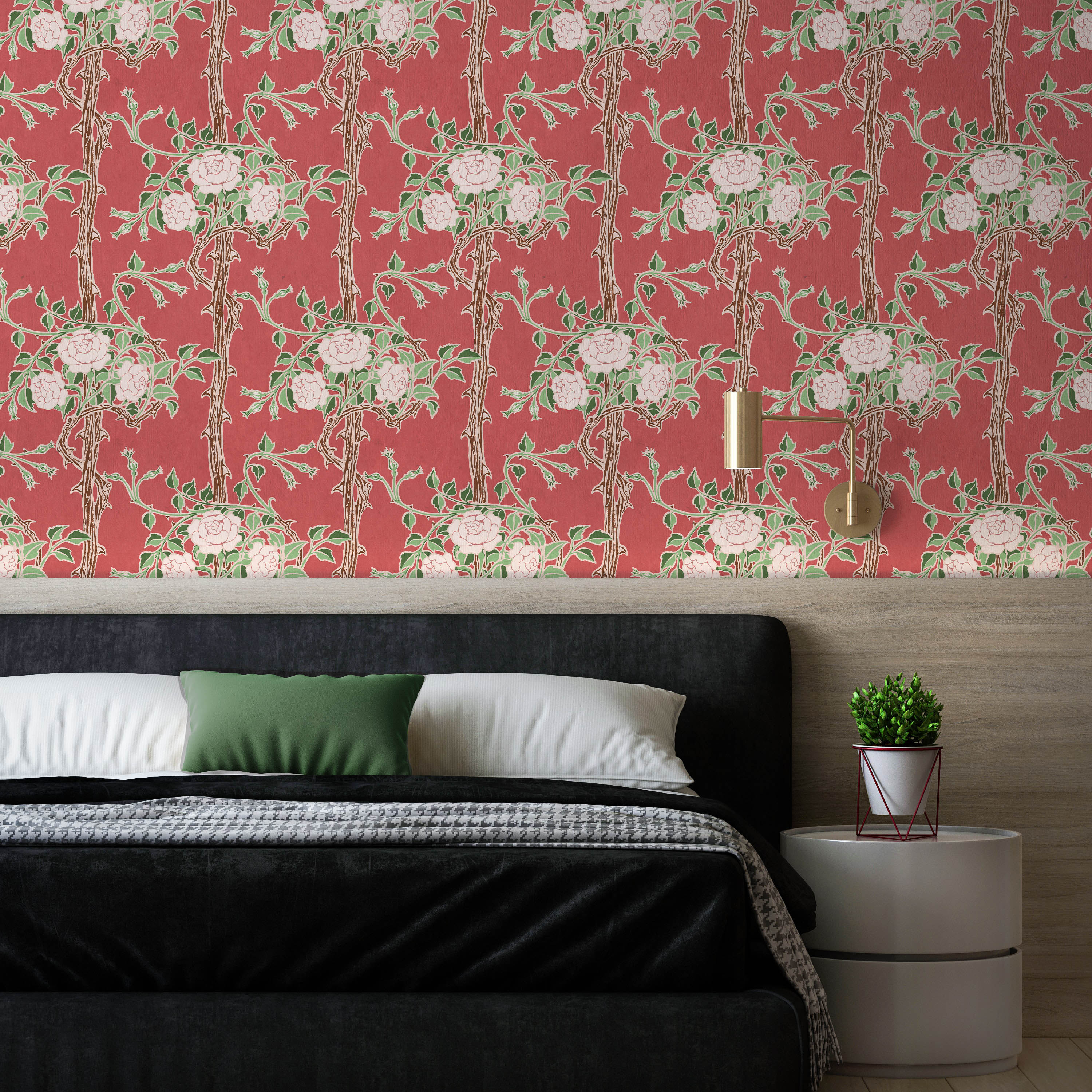 Walter Crane x Rose Bush Peel and Stick Wallpaper, Removable Wallpaper, Traditional Wallpaper - Ember Red | DeccoPrint