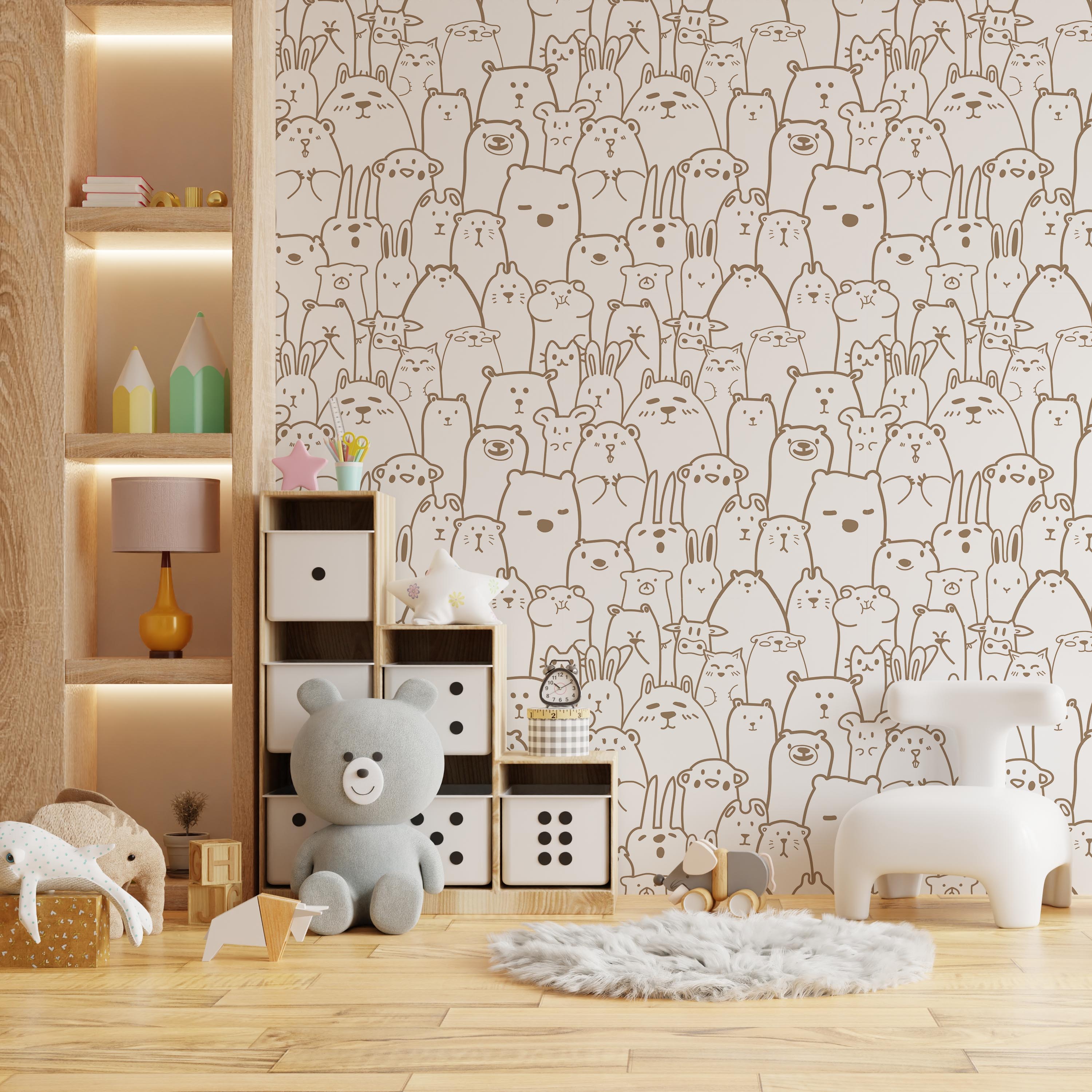 Animal Doodles Peel and Stick Wallpaper, Removable Wallpaper, Traditional Wallpaper - Brown | DeccoPrint