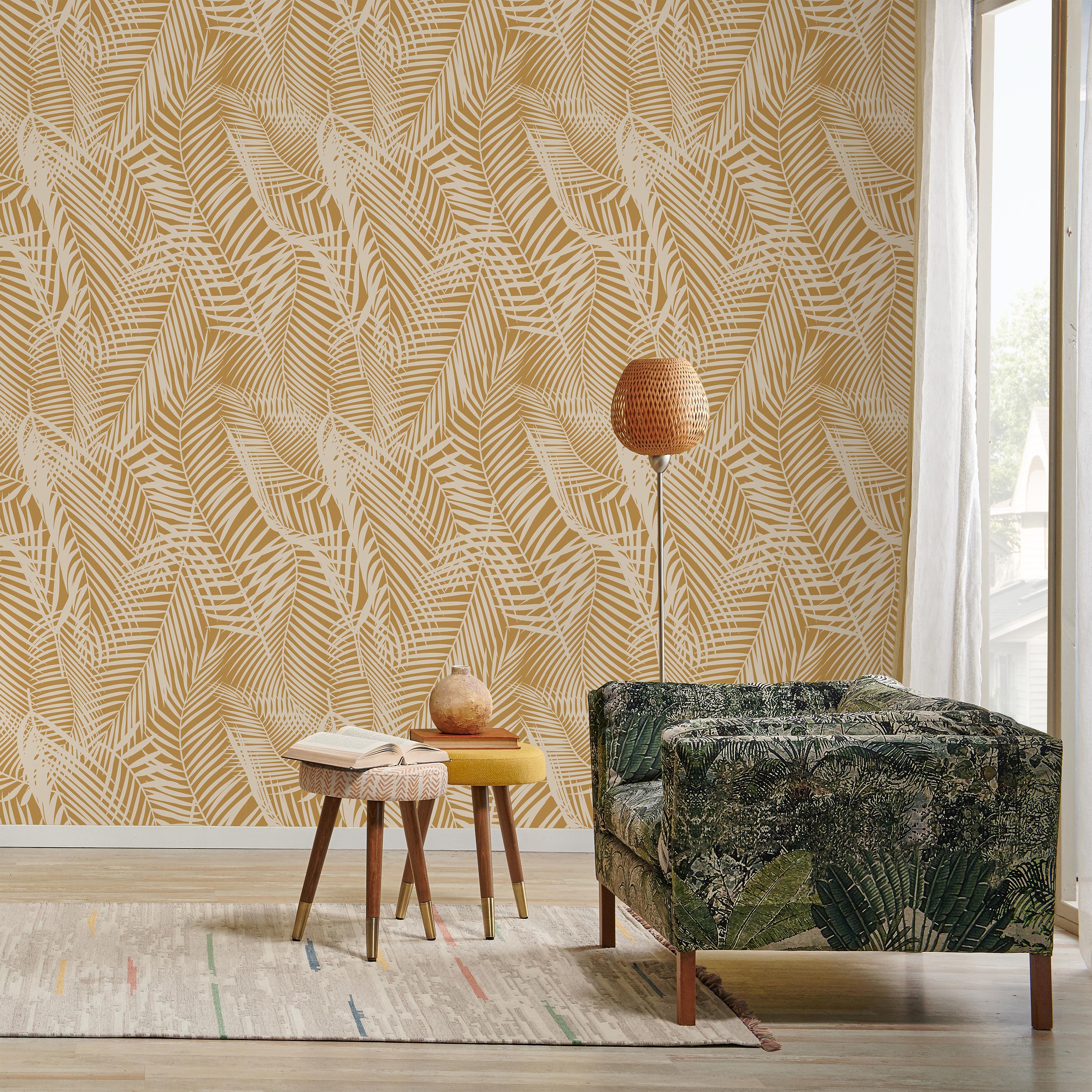 Palm Leaves Peel and Stick Wallpaper, Removable Wallpaper, Traditional Wallpaper - Yellow | DeccoPrint