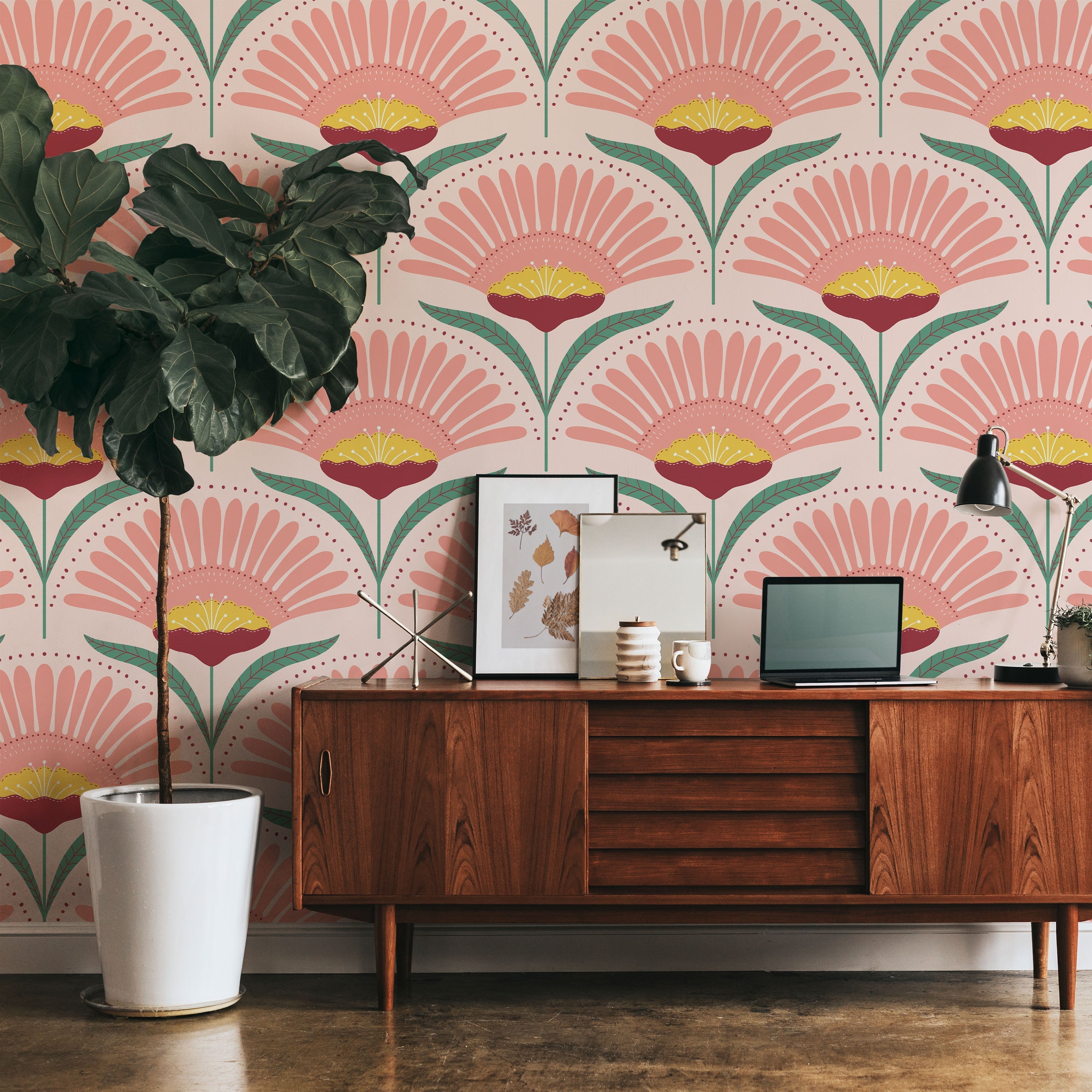 Bohemian Blossom Peel and Stick Wallpaper, Removable Wallpaper, Traditional Wallpaper - Pink/Teal | DeccoPrint