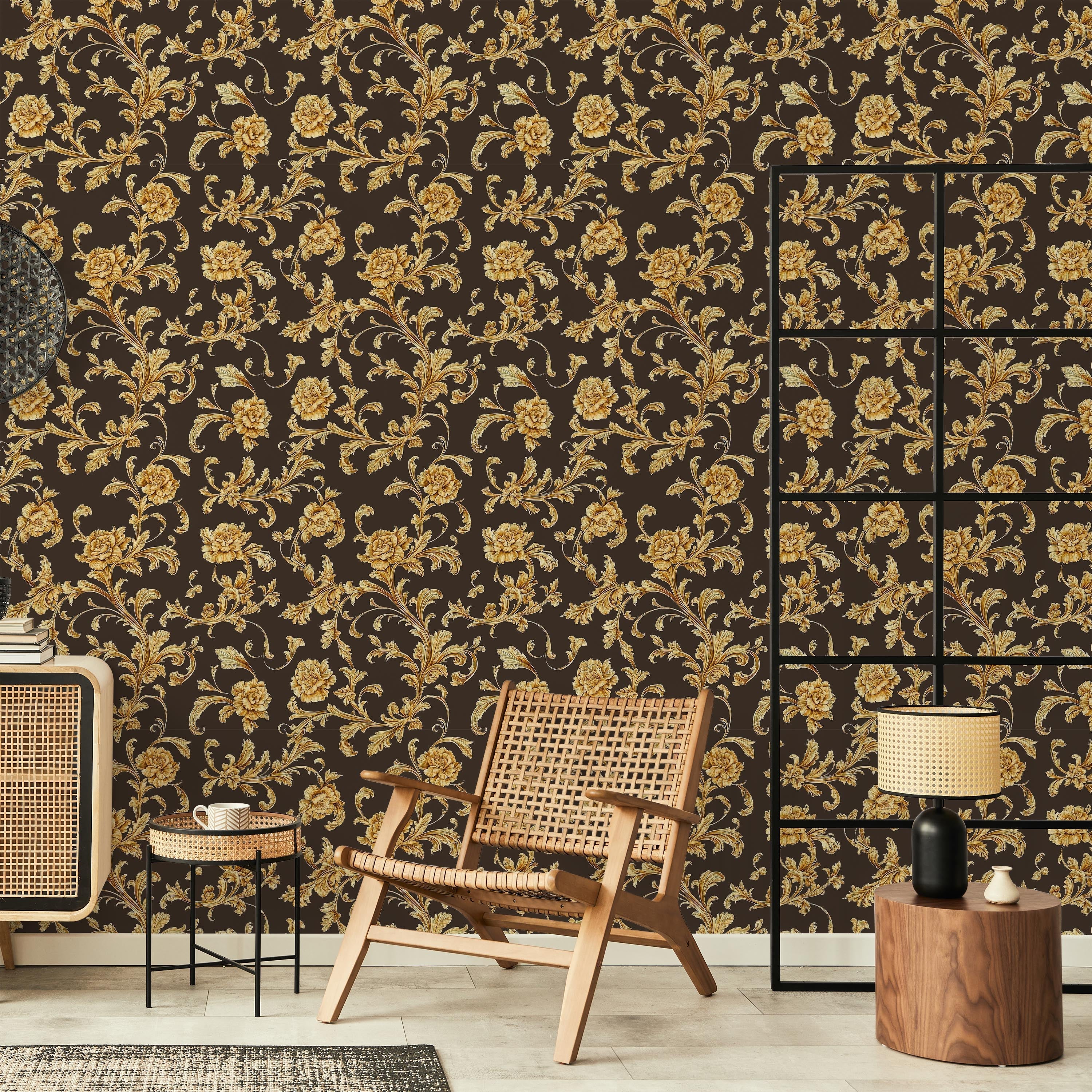 Baroque Floral Peel and Stick Wallpaper, Removable Wallpaper, Traditional Wallpaper - Cool Brown | DeccoPrint