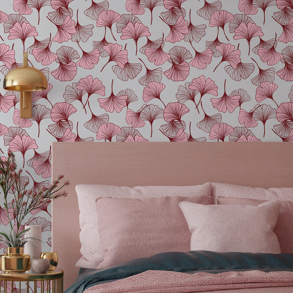 Ginkgo Garden Peel and Stick Wallpaper, Removable Wallpaper, Traditional Wallpaper - Pink | DeccoPrint