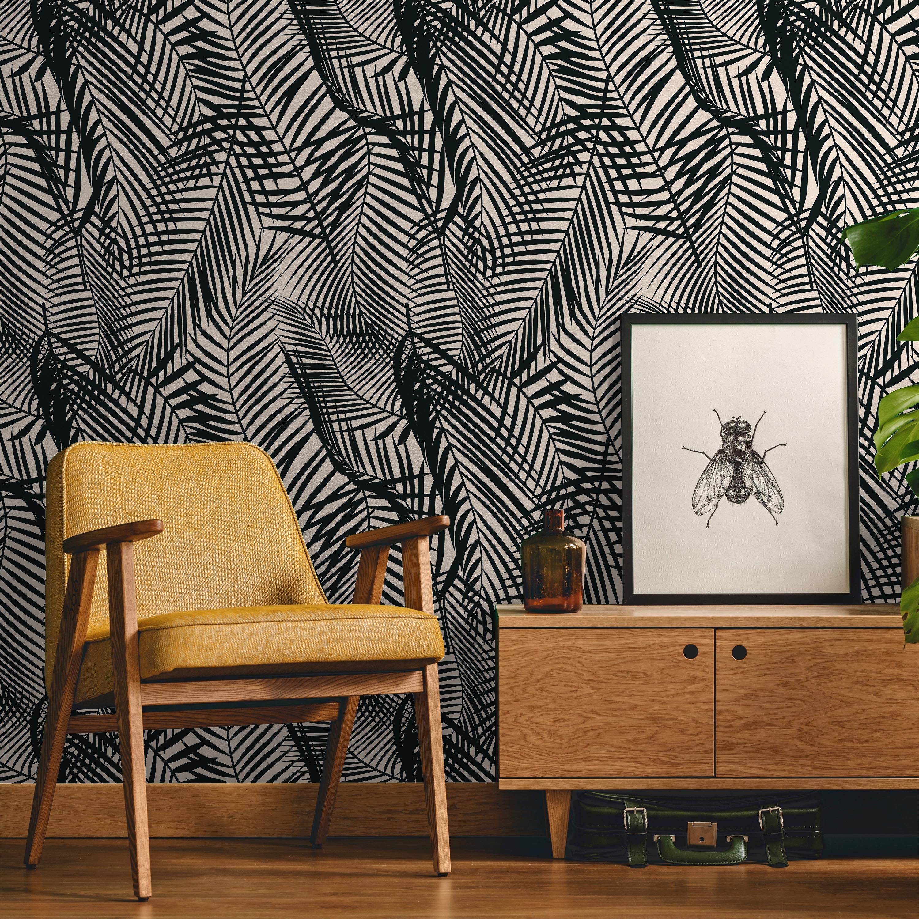 Palm Leaves Peel and Stick Wallpaper, Removable Wallpaper, Traditional Wallpaper - Black | DeccoPrint