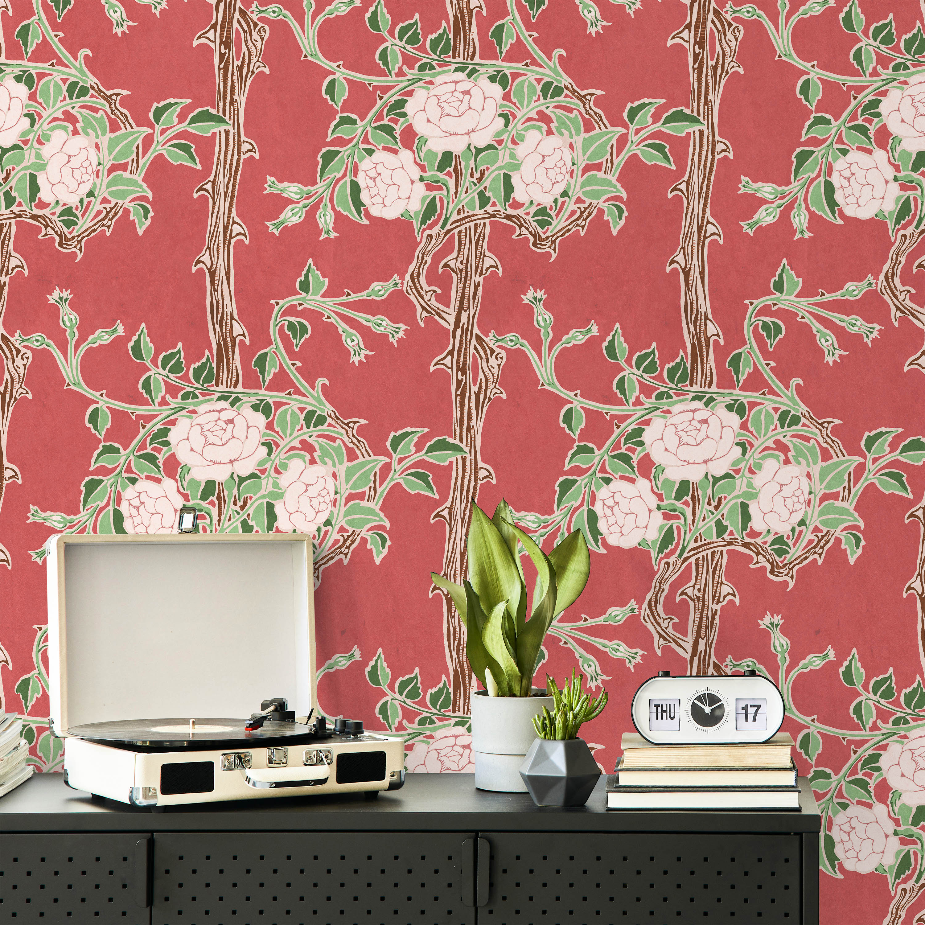 Walter Crane x Rose Bush Peel and Stick Wallpaper, Removable Wallpaper, Traditional Wallpaper - Ember Red | DeccoPrint